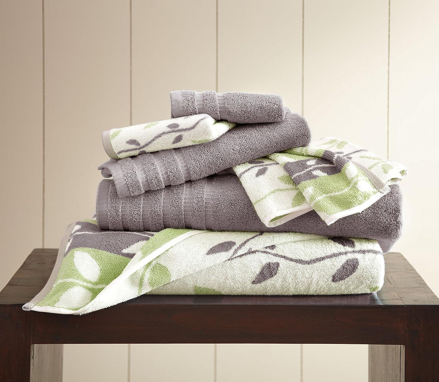 Modern Threads 6 Piece Set, 2 Bath Towels, 2 Hand Towels, 2 Washcloths Yarn Dyed Jacquard/Solid Towel Set Organic Vines