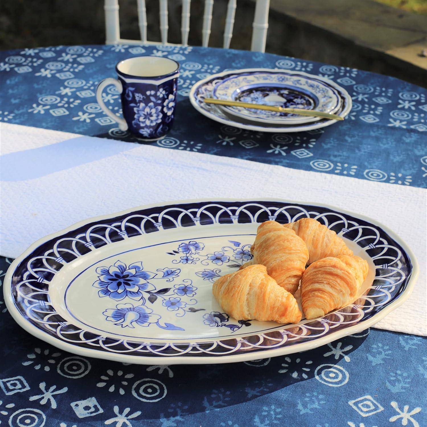 Euro Ceramica  Blue Garden 18" Stoneware Oval Serving Platter - 18.5" x 13.2" x 1.26"