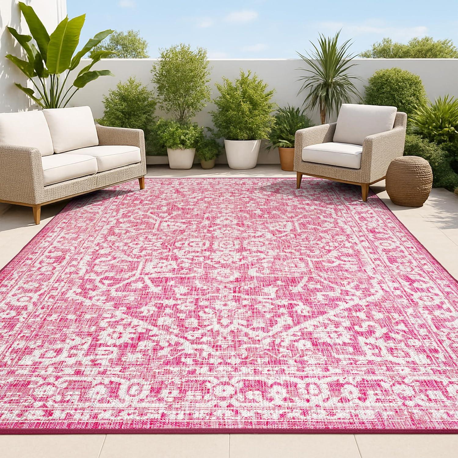 9' x 12' Malta Bohemian Medallion Textured Weave Indoor/Outdoor Area Rug, Fuchsia/Light Gray - JONATHAN Y