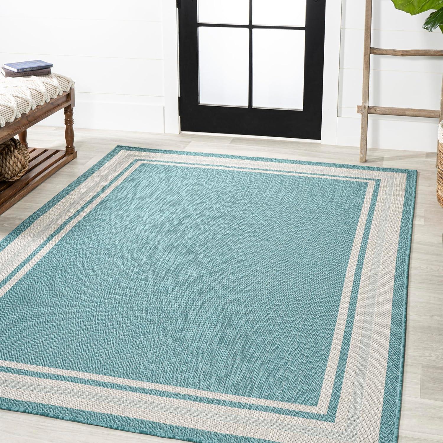 5' x 8' James Modern Border Stripe Indoor/Outdoor Area Rug, Aqua/Beige - JONATHAN Y