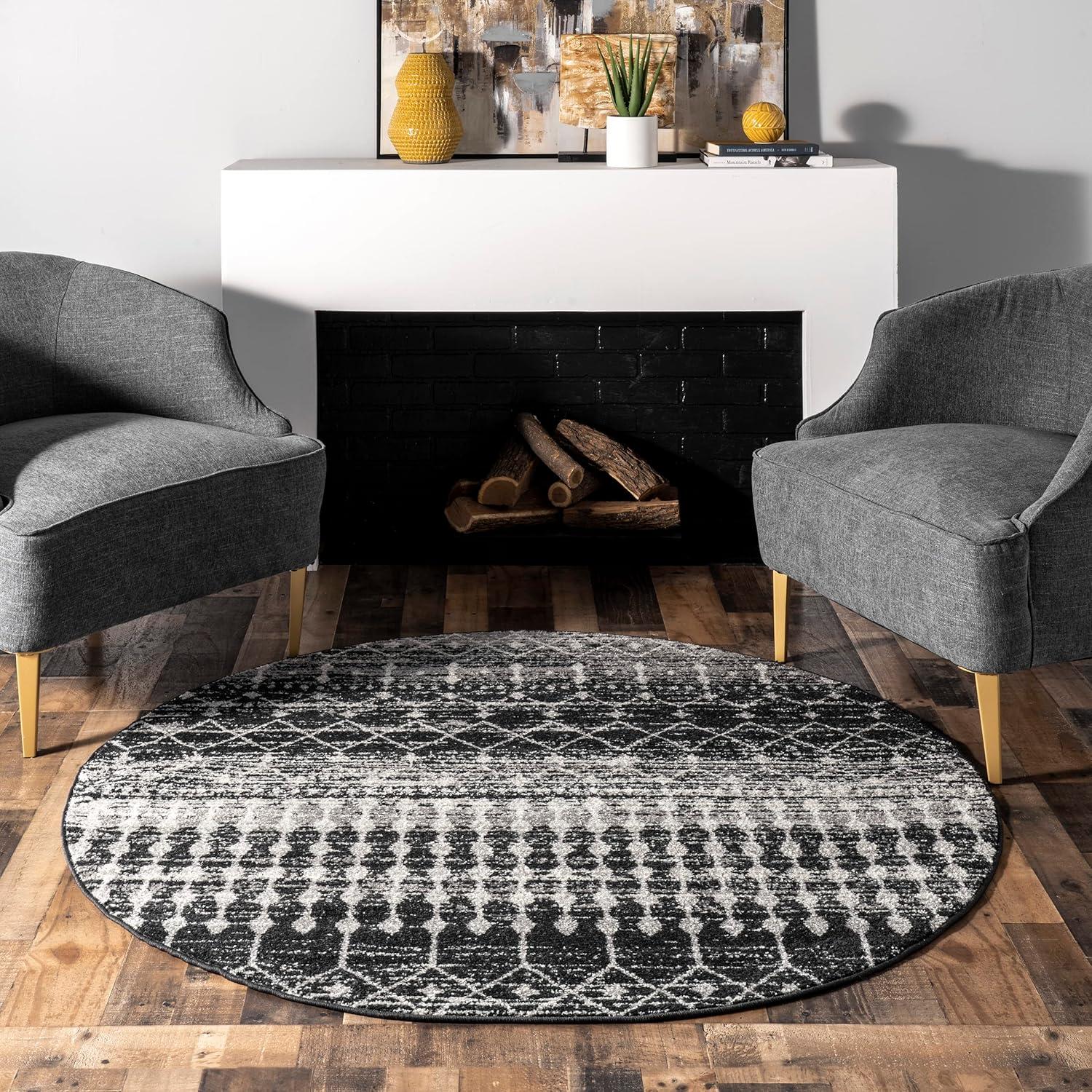 Handmade 8' Round Black Synthetic Geometric Area Rug