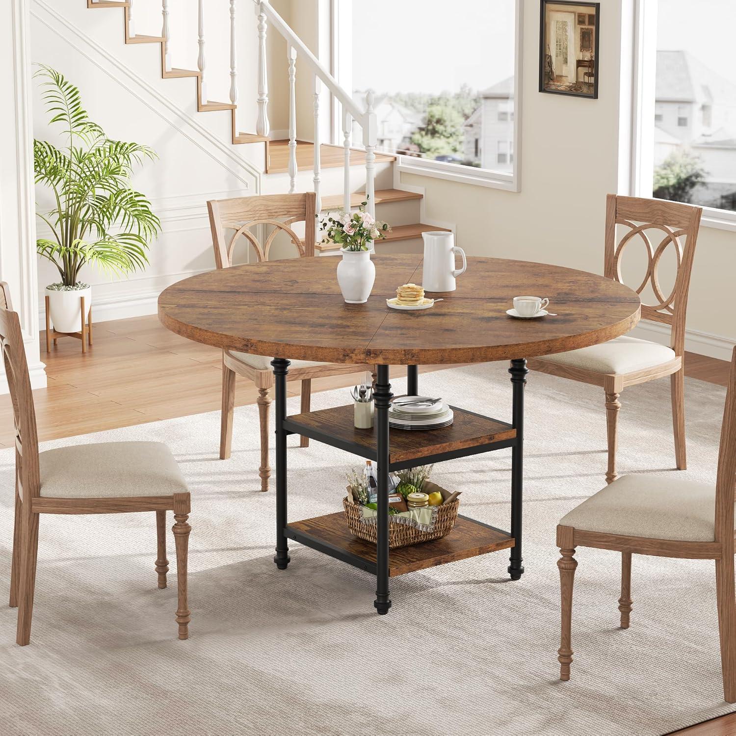 47-Inch Round Rustic Reclaimed Wood Dining Table with Storage Shelves