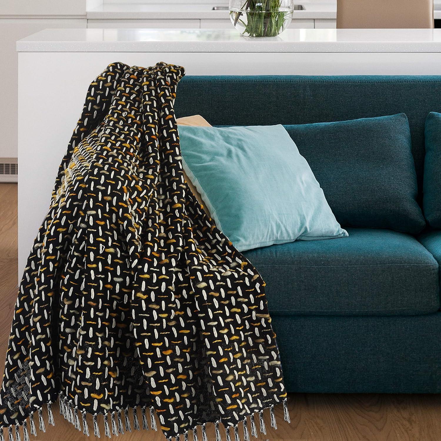 Cozy Interwoven Black and Gold Cotton Throw Blanket, 50" x 60"