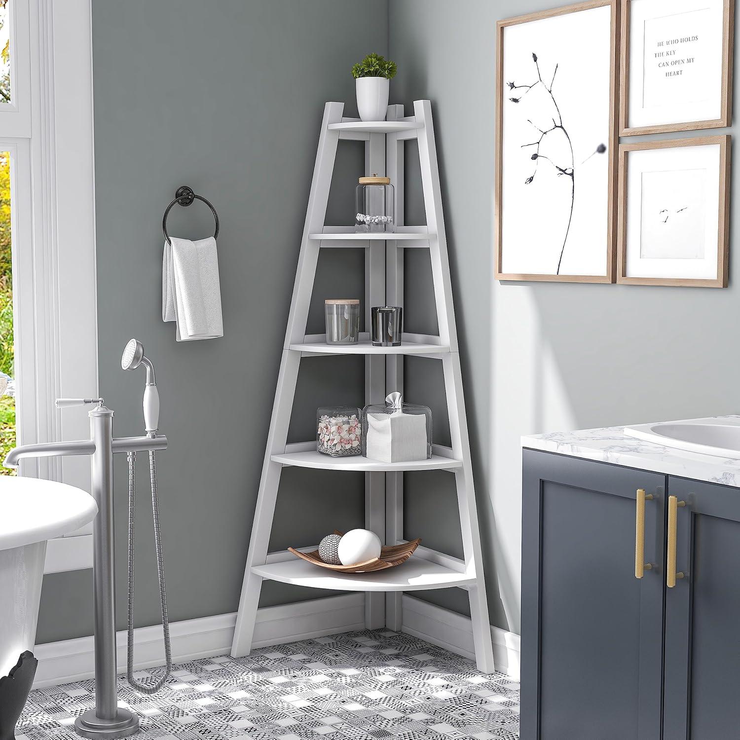 White Wood 5-Tier Corner Ladder Shelf