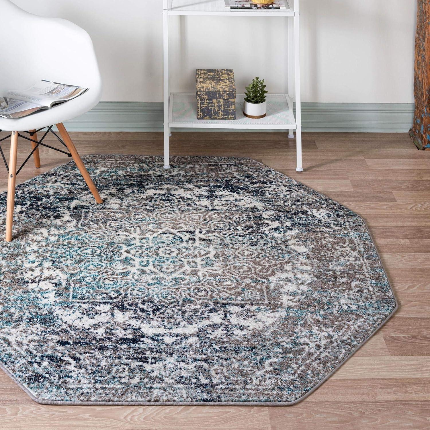 Gray Synthetic Octagon Medallion Easy Care Rug