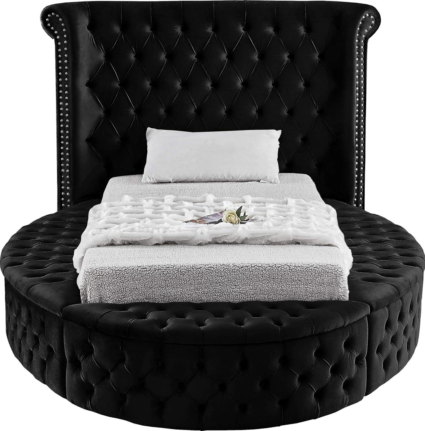 Meridian Furniture Twin Luxus Kids Round Velvet Bed with Storage, Black