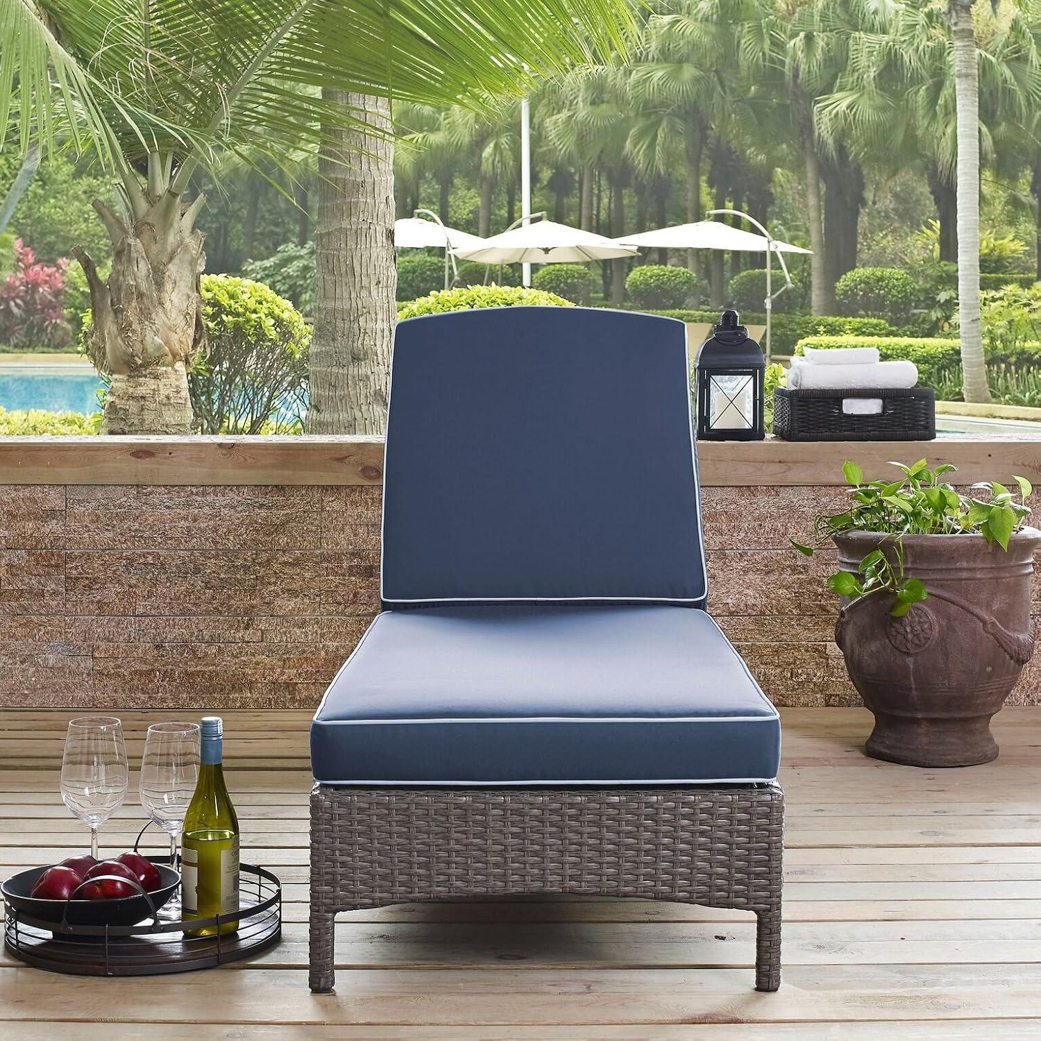 Palm Harbor Outdoor Wicker Chaise Lounge with Navy Cushions