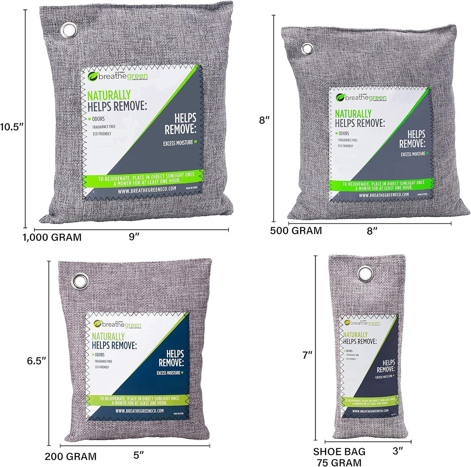 Breathe Green Bamboo Charcoal Bags Odor Absorber (9-Pack) Activated Charcoal Odor Eliminator Bag, Natural Freshener Removes Odors and Moisture, Odor Eliminator for Home, Pets, Shoes, Closet, RV