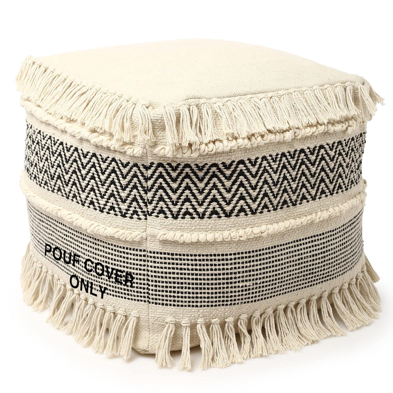 · REDEARTH · UNSTUFFED Pouf Ottoman Cover Boho Textured Storage Square Extra Seat, Farmhouse Poof Pouffe Accent Footrest for Living Room, Bedroom, Nursery, Kidsroom, Study Nook (18x18x18; Black)