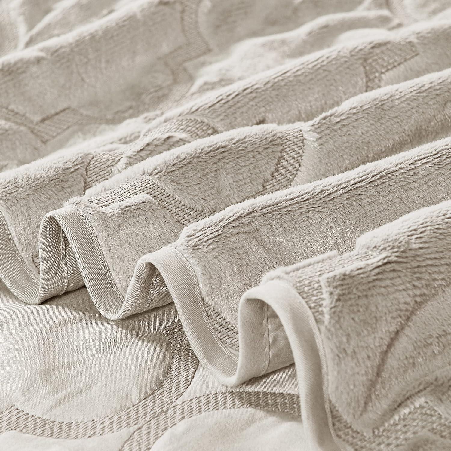 Serenta Faux Fur Ogee Embroidery 7 Piece Bedspread Quilts Set, King, Taupe