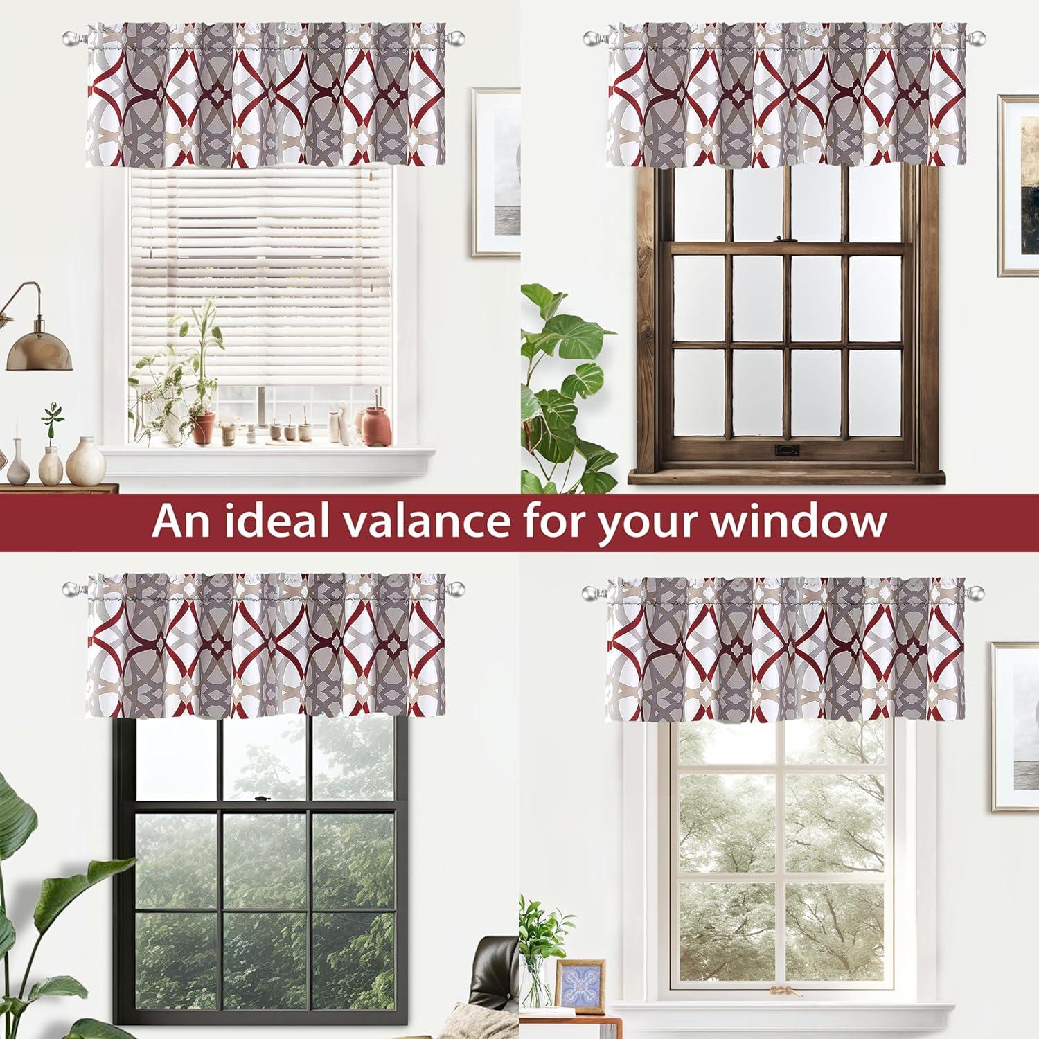 DriftAway Alexander Spiral Geo Trellis Pattern Window Curtain Valance Rod Pocket 52 Inch by 14 Inch Plus 2 Inch Header Red and Gray 1 Pack