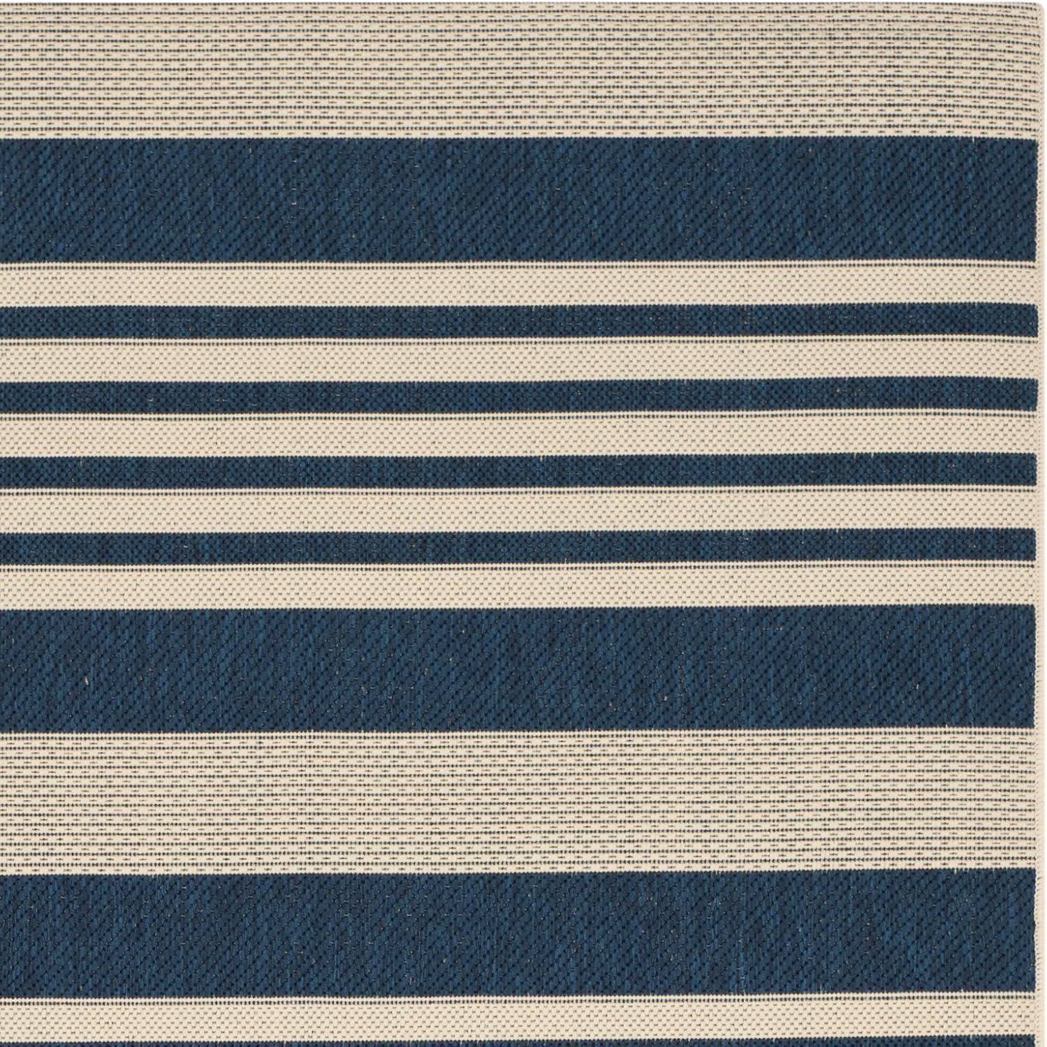 Navy and Beige Striped Synthetic Indoor/Outdoor Area Rug, 5' x 7'