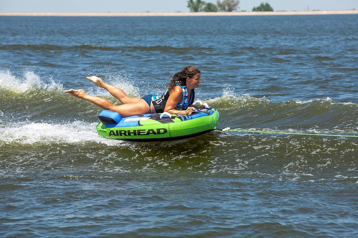 Blue and Green Inflatable Single Person Towable Water Tube