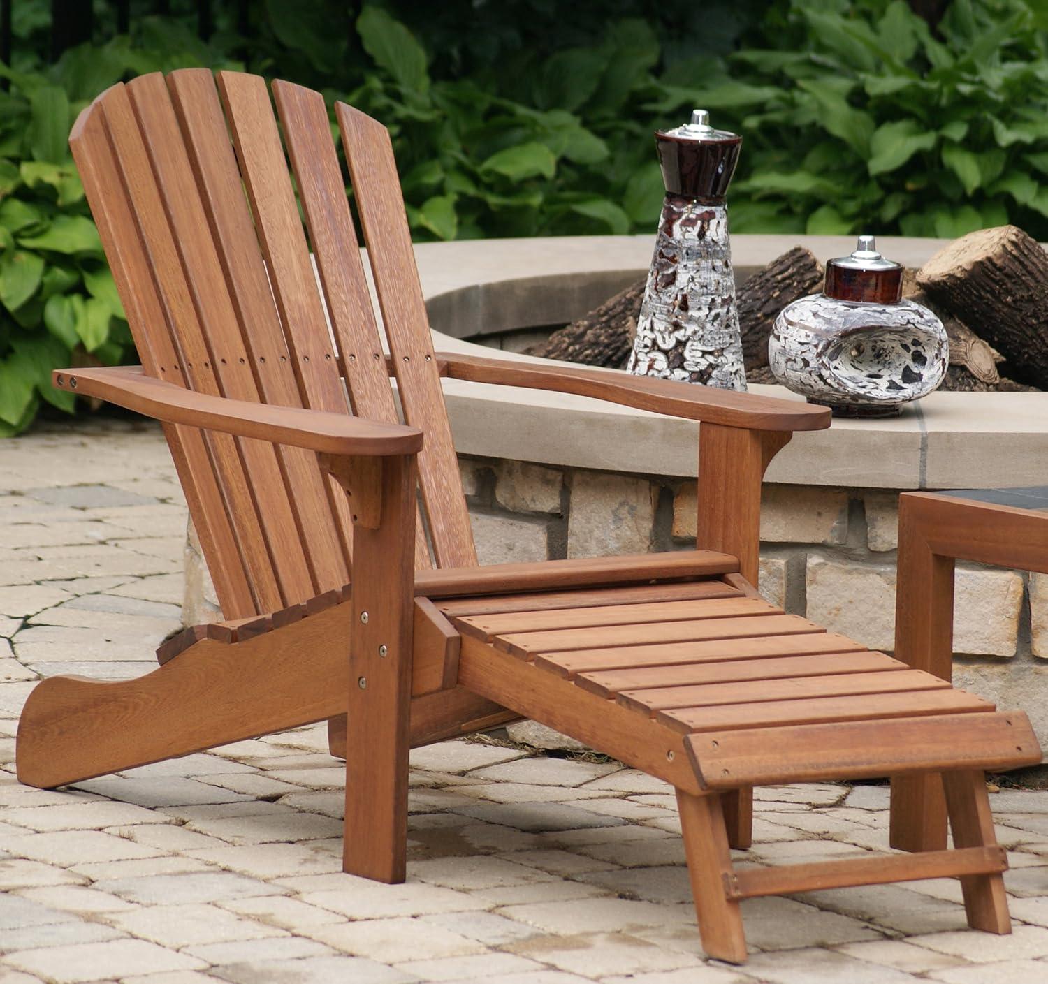 Classic Eucalyptus Adirondack Chair with Built-in Ottoman in Brown Umber