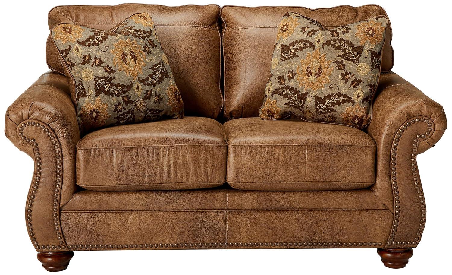 Brown Faux Leather Traditional Loveseat with Rolled Arms and Nailhead Trim