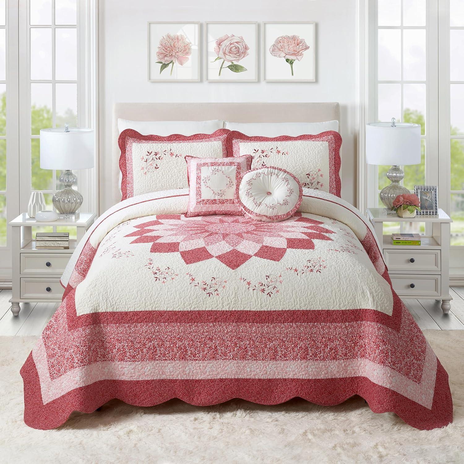 Red and Ivory Cotton Floral Queen Bedspread Set