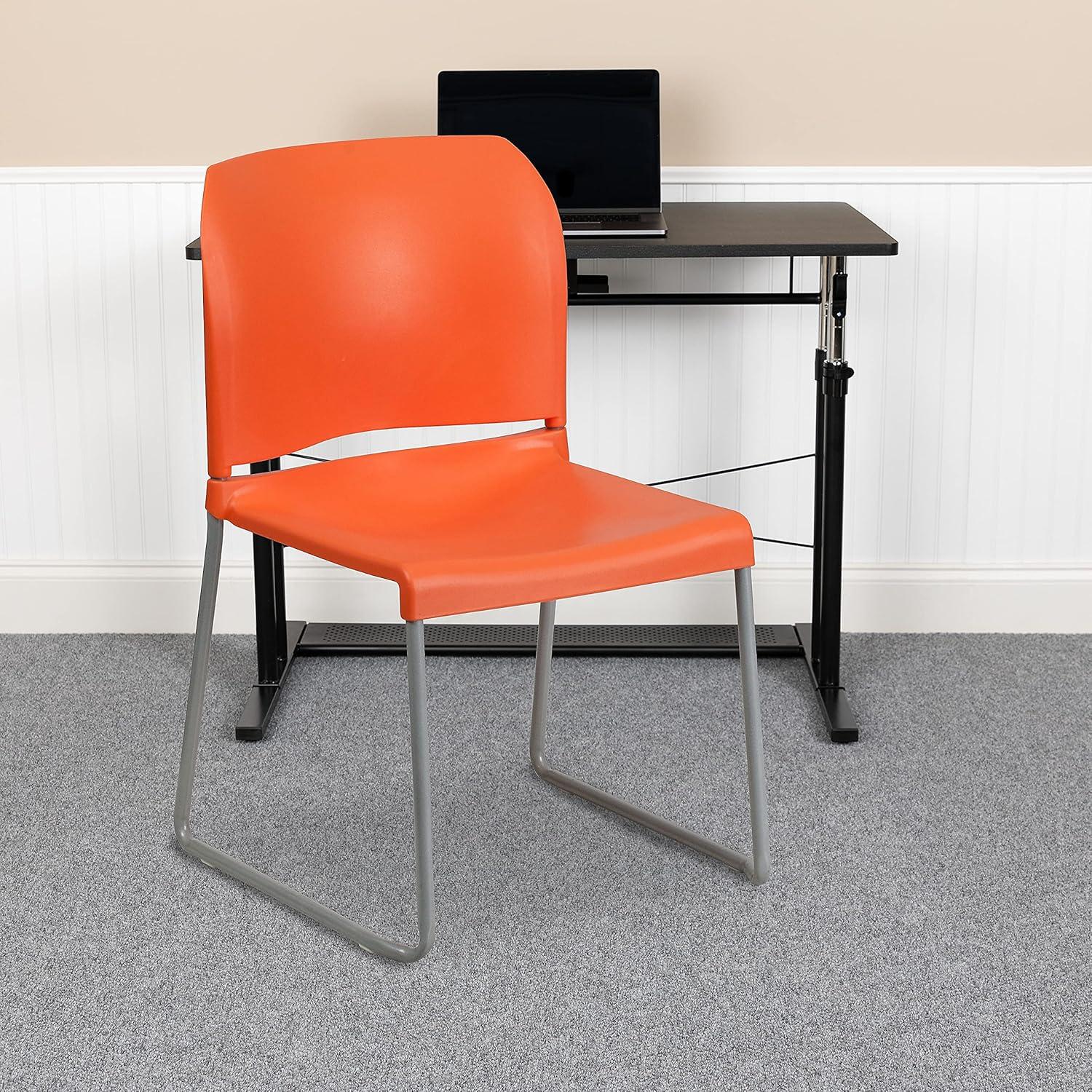 Flash Furniture HERCULES Series 880 lb. Capacity Orange Full Back Contoured Stack Chair with Gray Powder Coated Sled Base