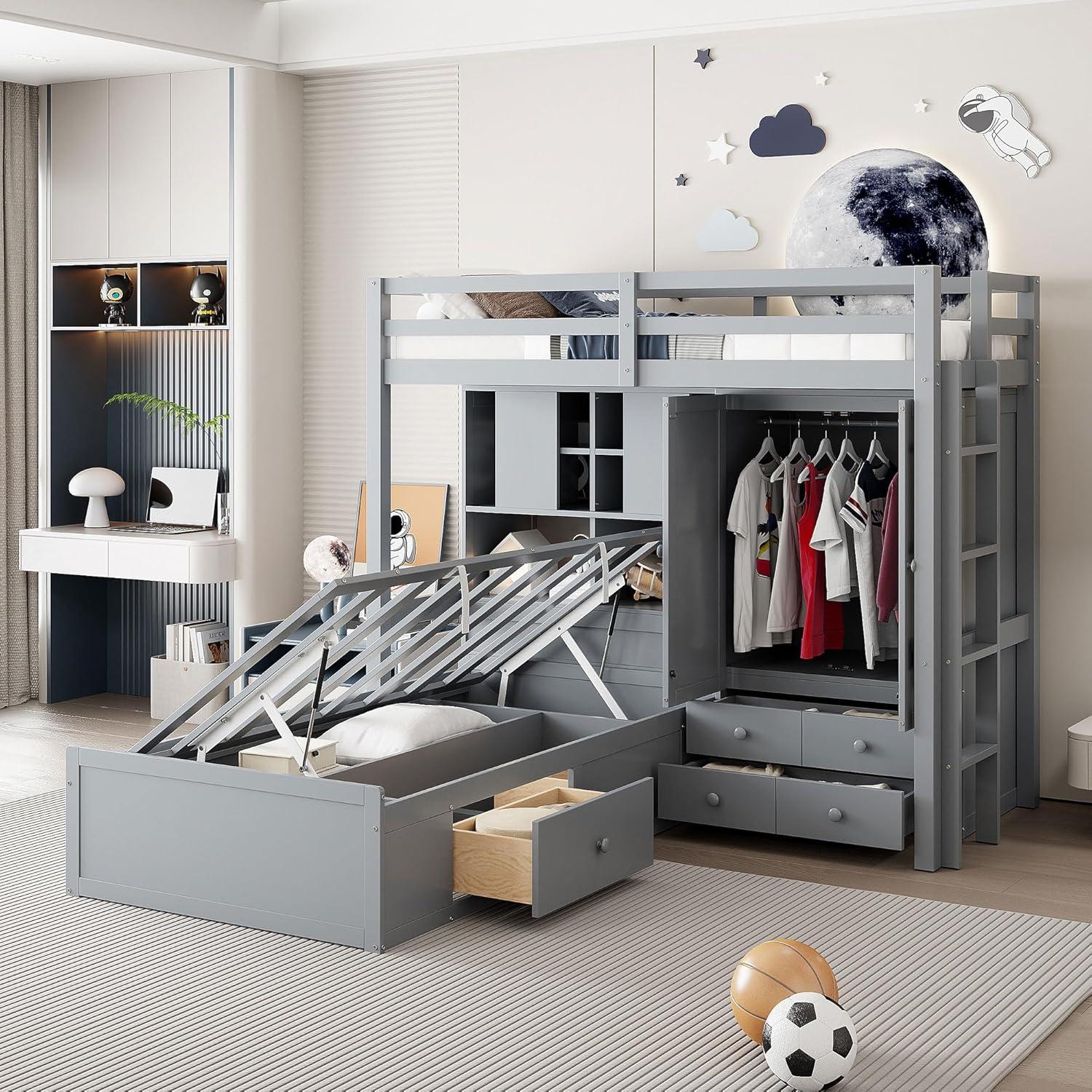 yuanhuan Twin Bunk Bed With Drawers, Wardrobe, Storage Shelves And Hydraulic Bed