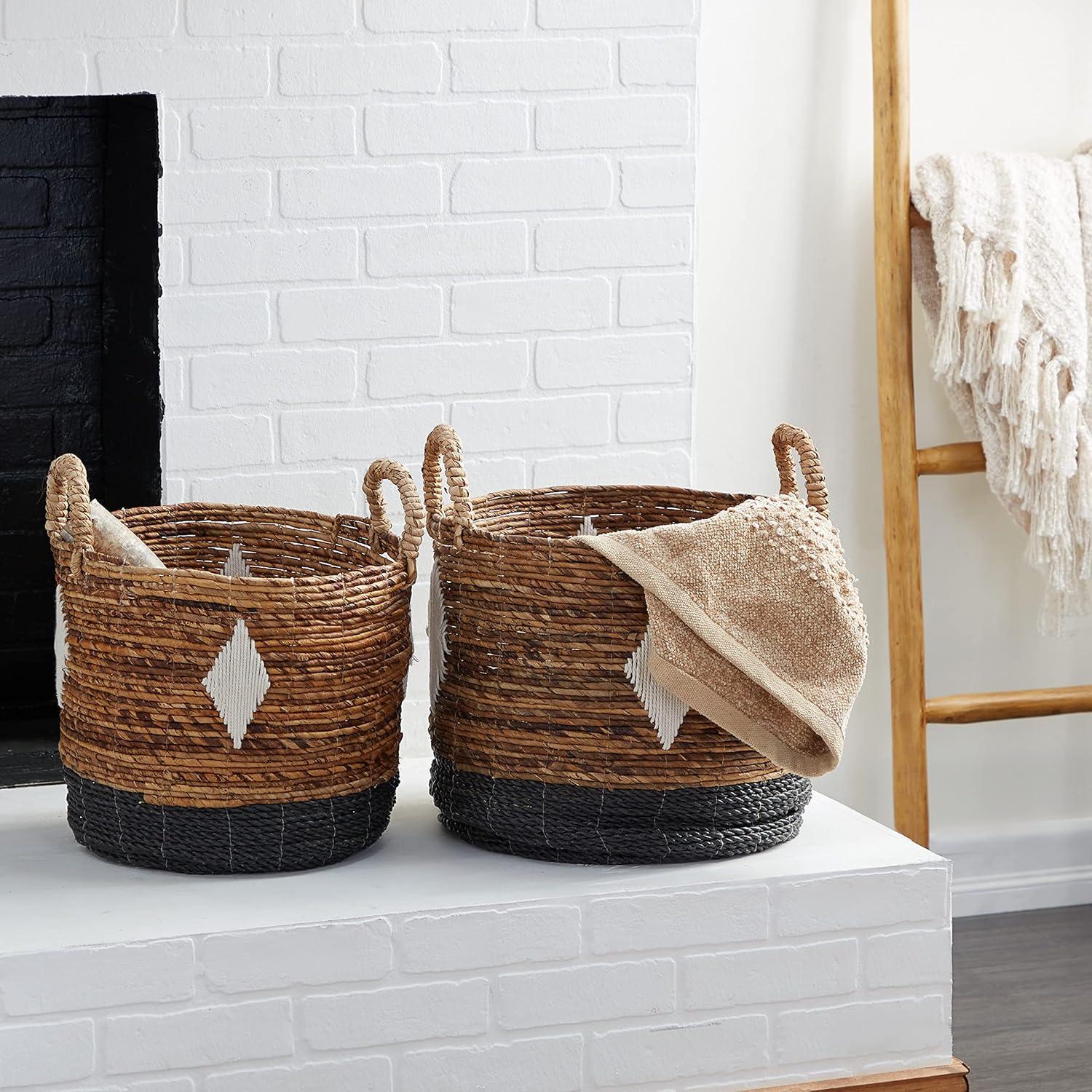 2pk Banana Leaf Storage Baskets Brown/Black - Olivia & May: Large Decorative Wicker with Handles, Contemporary Style