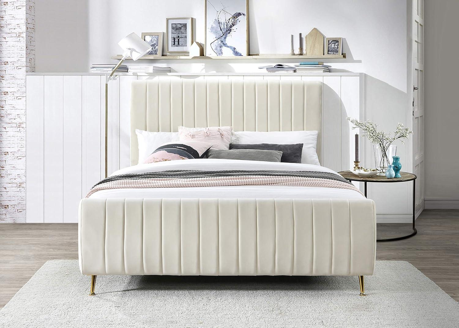 Meridian Furniture Zara Contemporary Cream Velvet Queen Bed