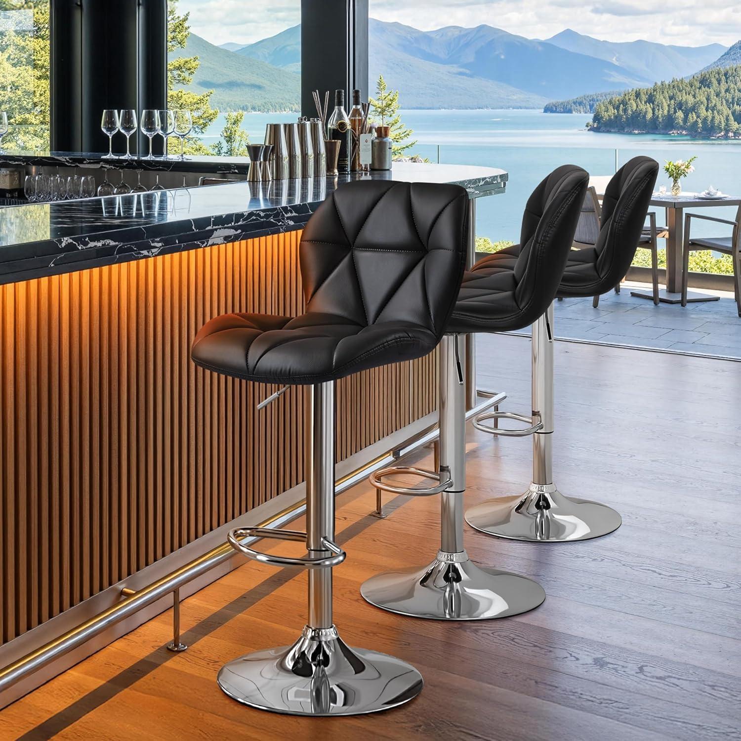 Modern Black Faux Leather Adjustable Swivel Bar Stools, Set of 2