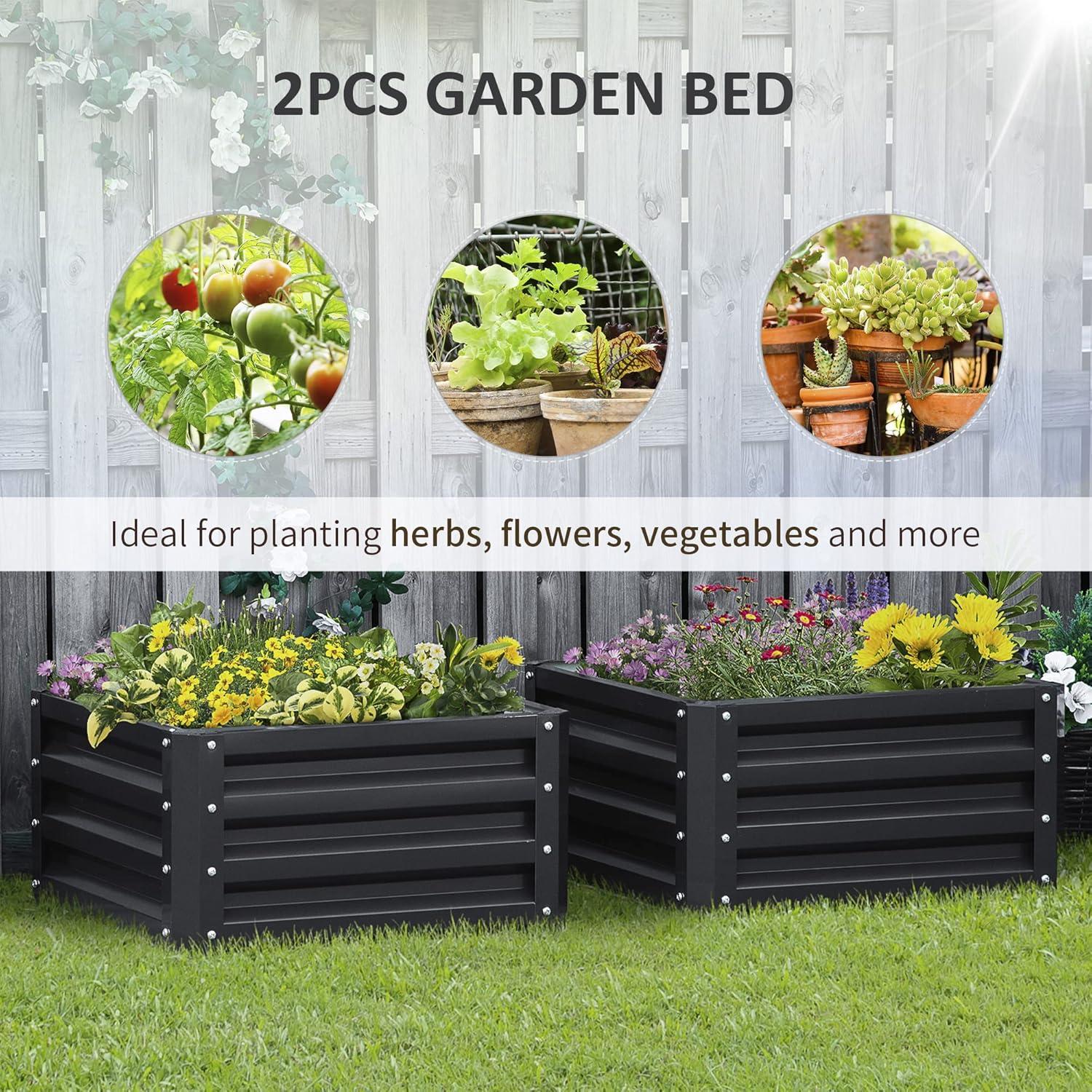 Outsunny 2' x 2' x 1' 2-Piece Galvanized Raised Garden Bed Box Planter Raised Beds with Steel Frame for Vegetables, Flowers, and Herbs, Dark Gray