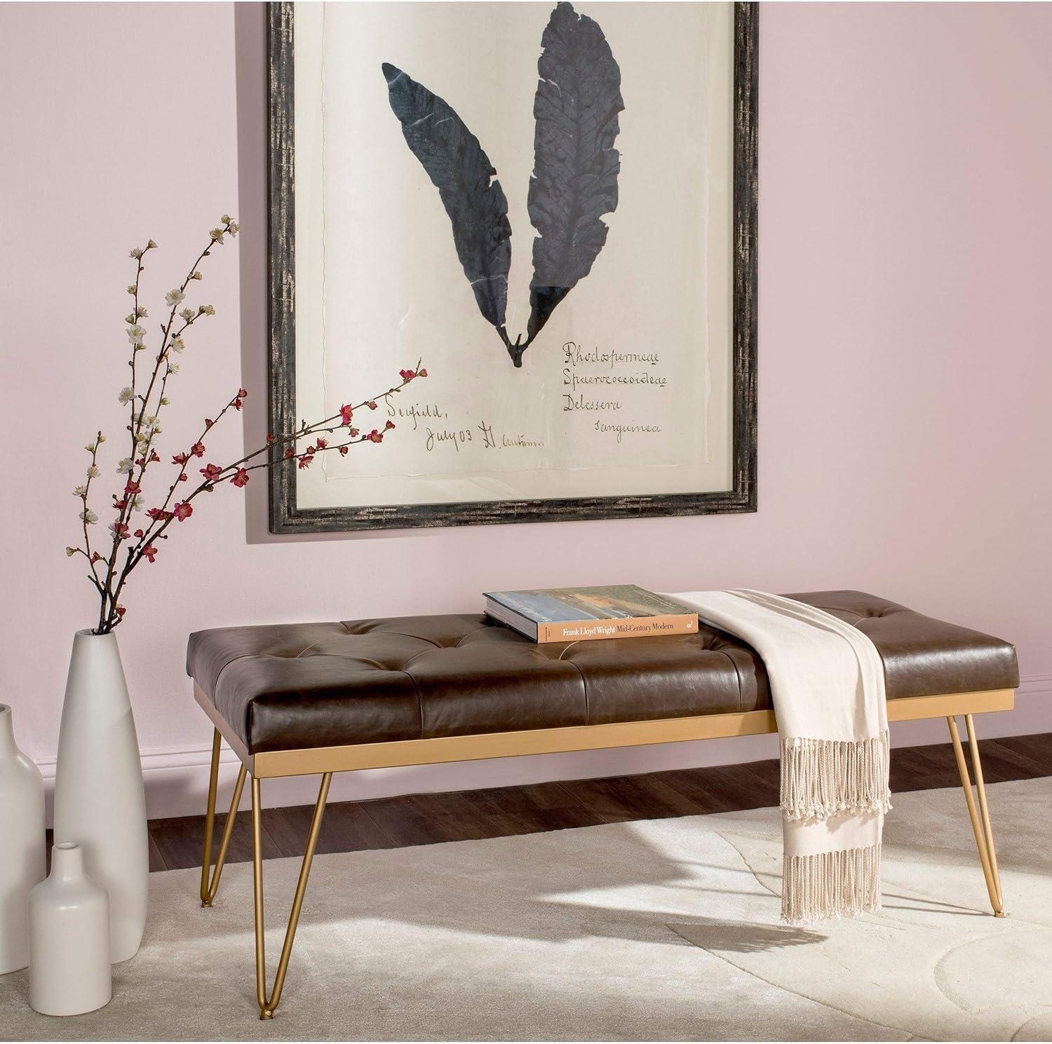 Transitional Brown and Gold PU Leather Bench with Hairpin Legs