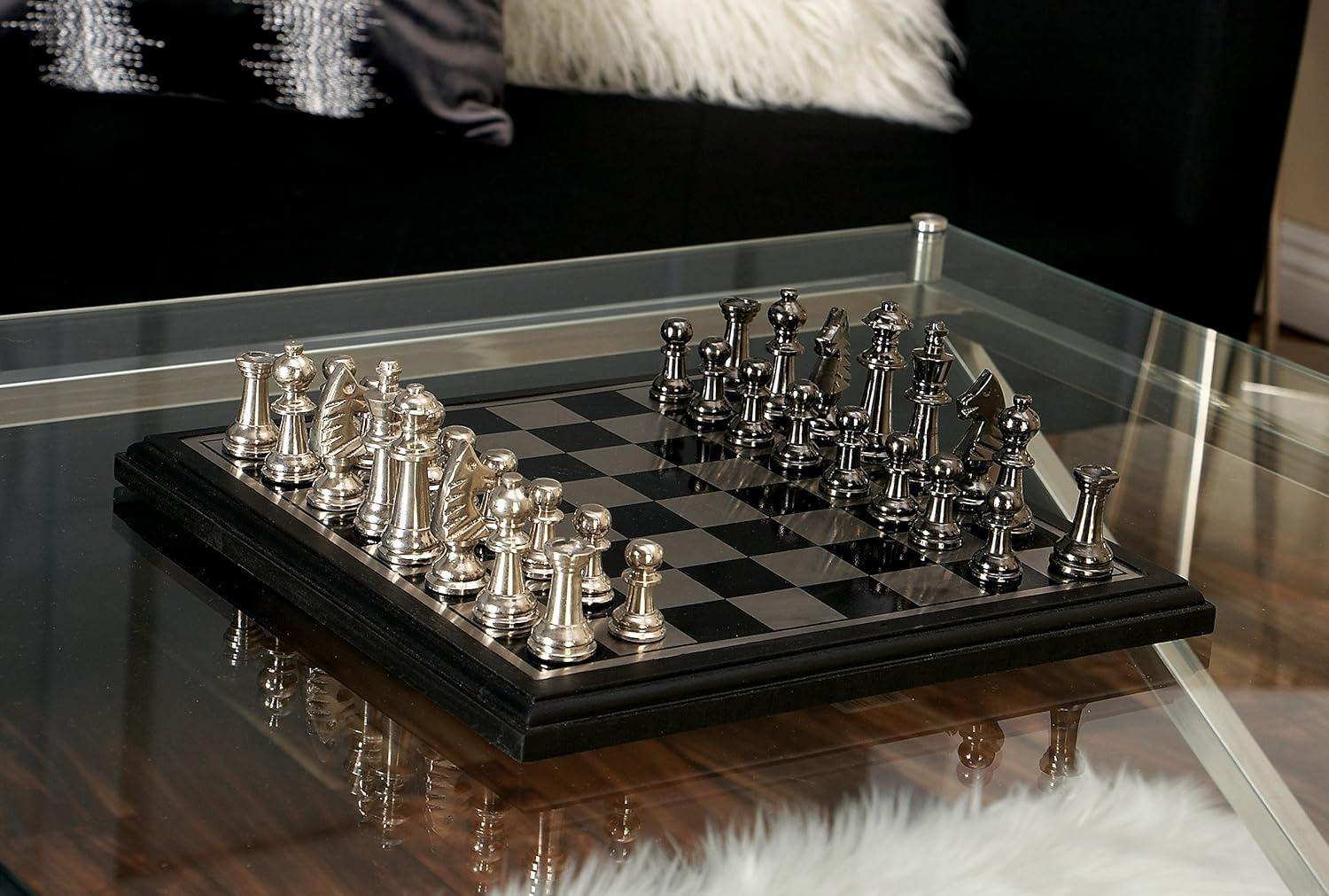 DecMode 12" x 1" Black Aluminum Metal Chess Game Set with Black and Silver Pieces, 1-Piece