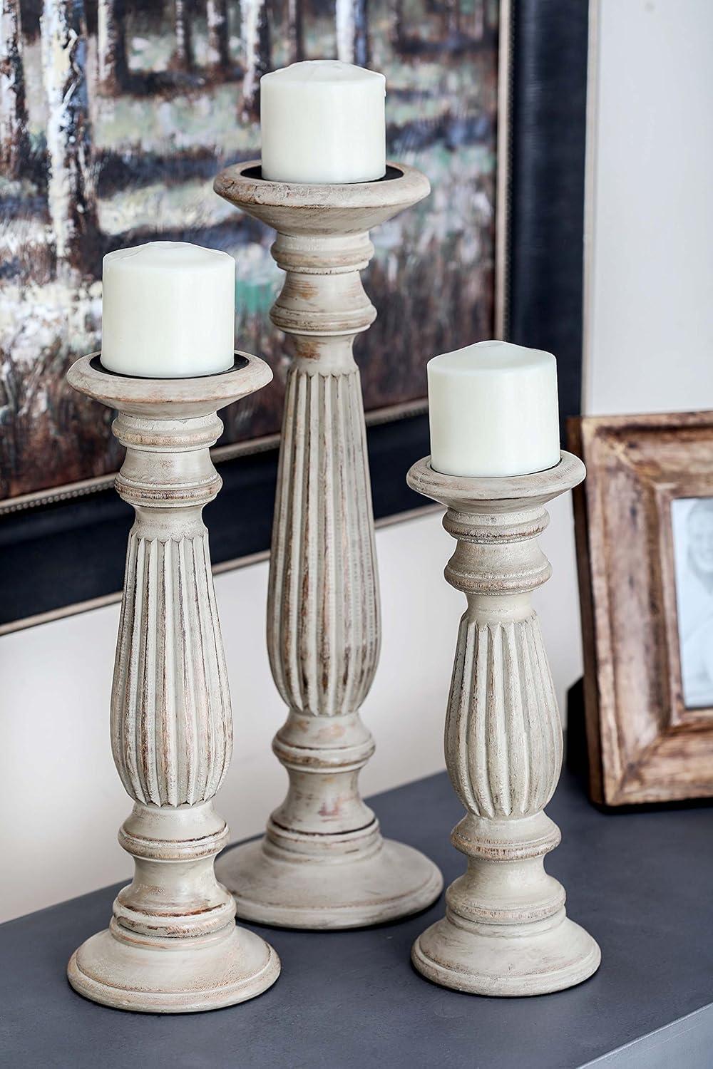 Olivia & May Set of 3 Farmhouse Mango Wood Teardrop Designed Pillar Candle Holders: Rustic Wooden Candlestick Holders