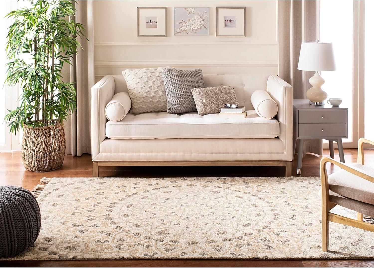 SAFAVIEH Blossom Kelvin Abstract Wool Fringed Area Rug, Ivory/Taupe, 2' x 3'