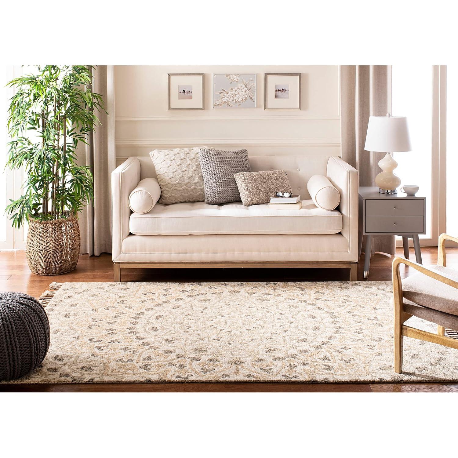 SAFAVIEH Blossom Kelvin Abstract Wool Fringed Area Rug, Ivory/Taupe, 2' x 3'