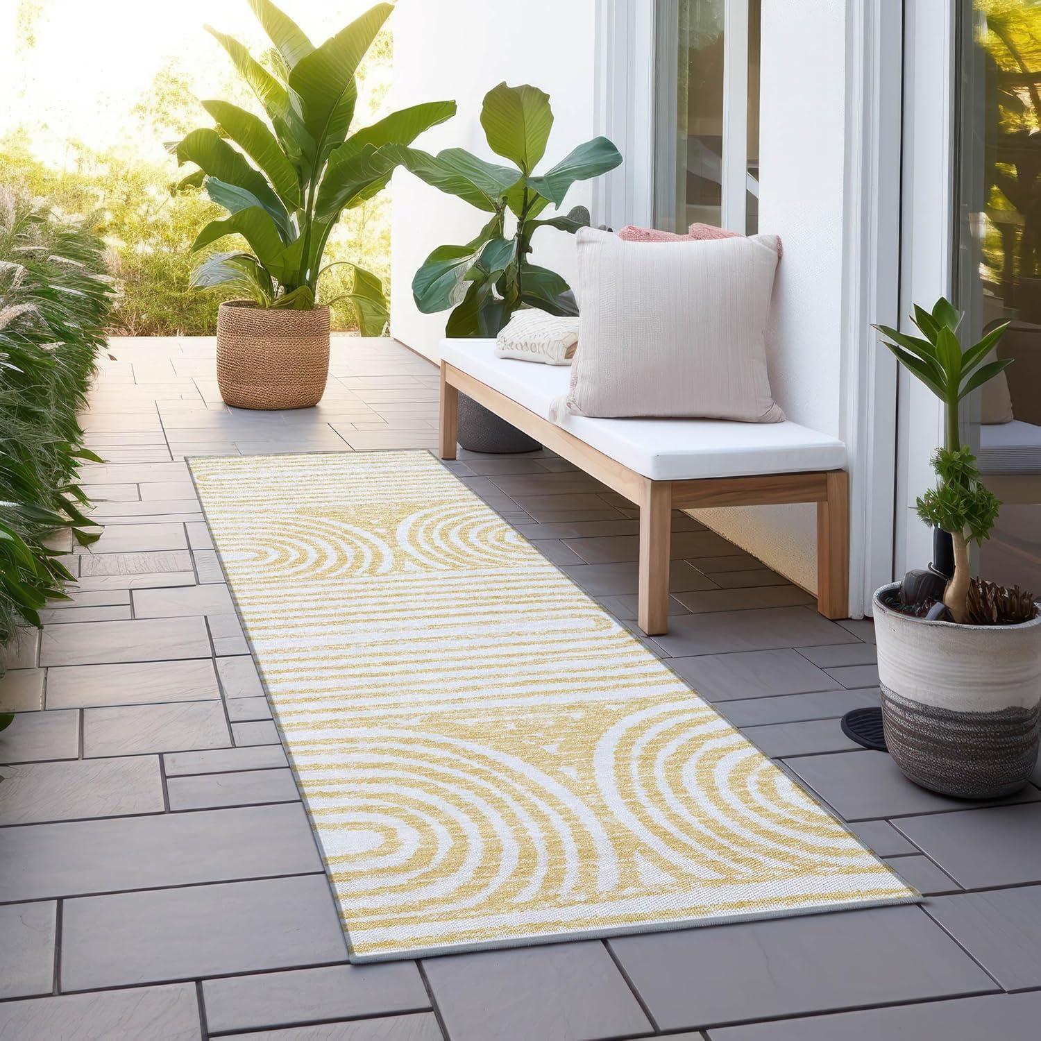 Gold and White Striped Synthetic Washable Runner Rug