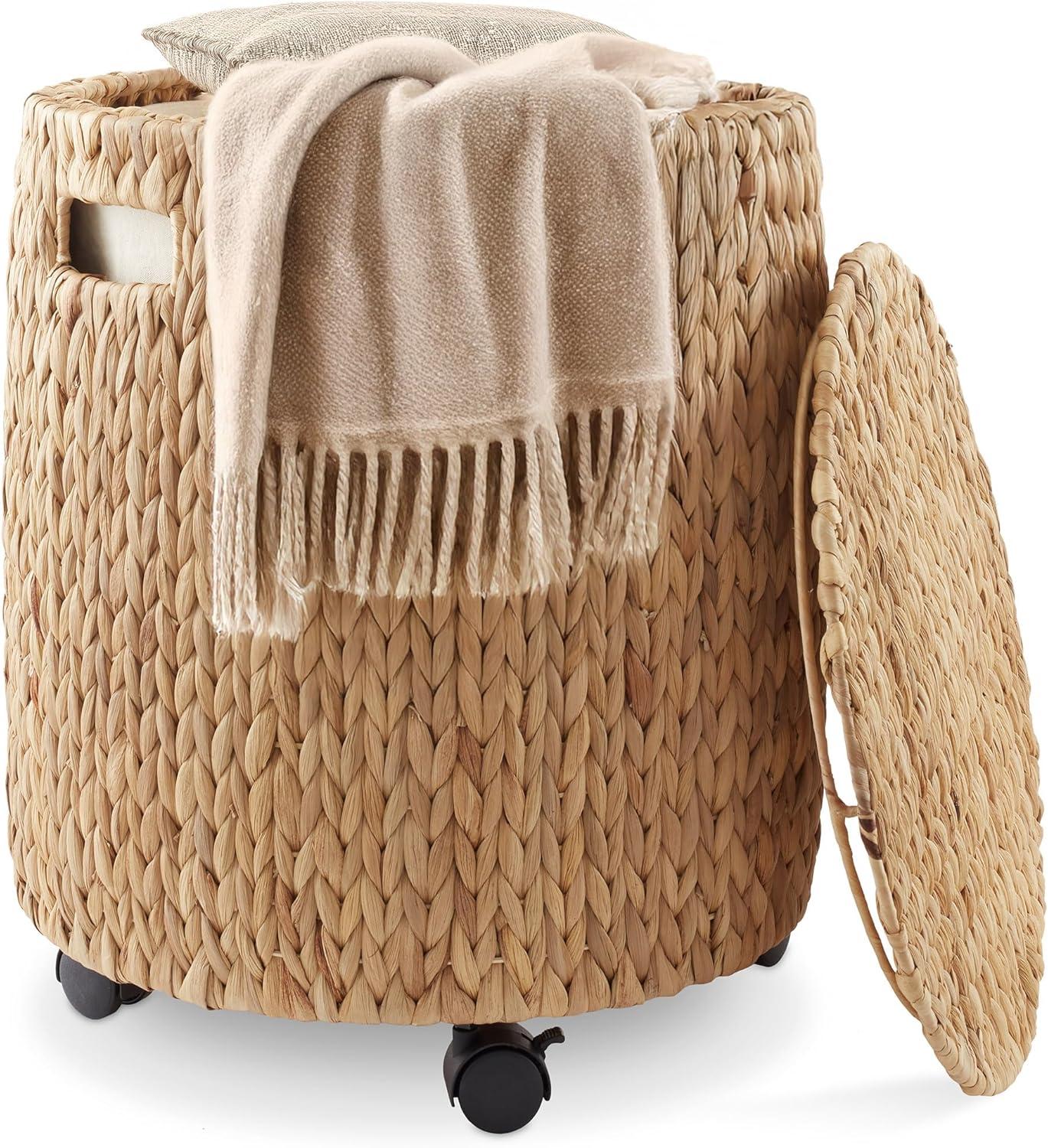 Casafield Rolling Storage Basket - Natural, Handwoven Hyacinth Rolling Hamper with Lid, Storage Bin on Wheels for Living Room, Bathroom, Laundry