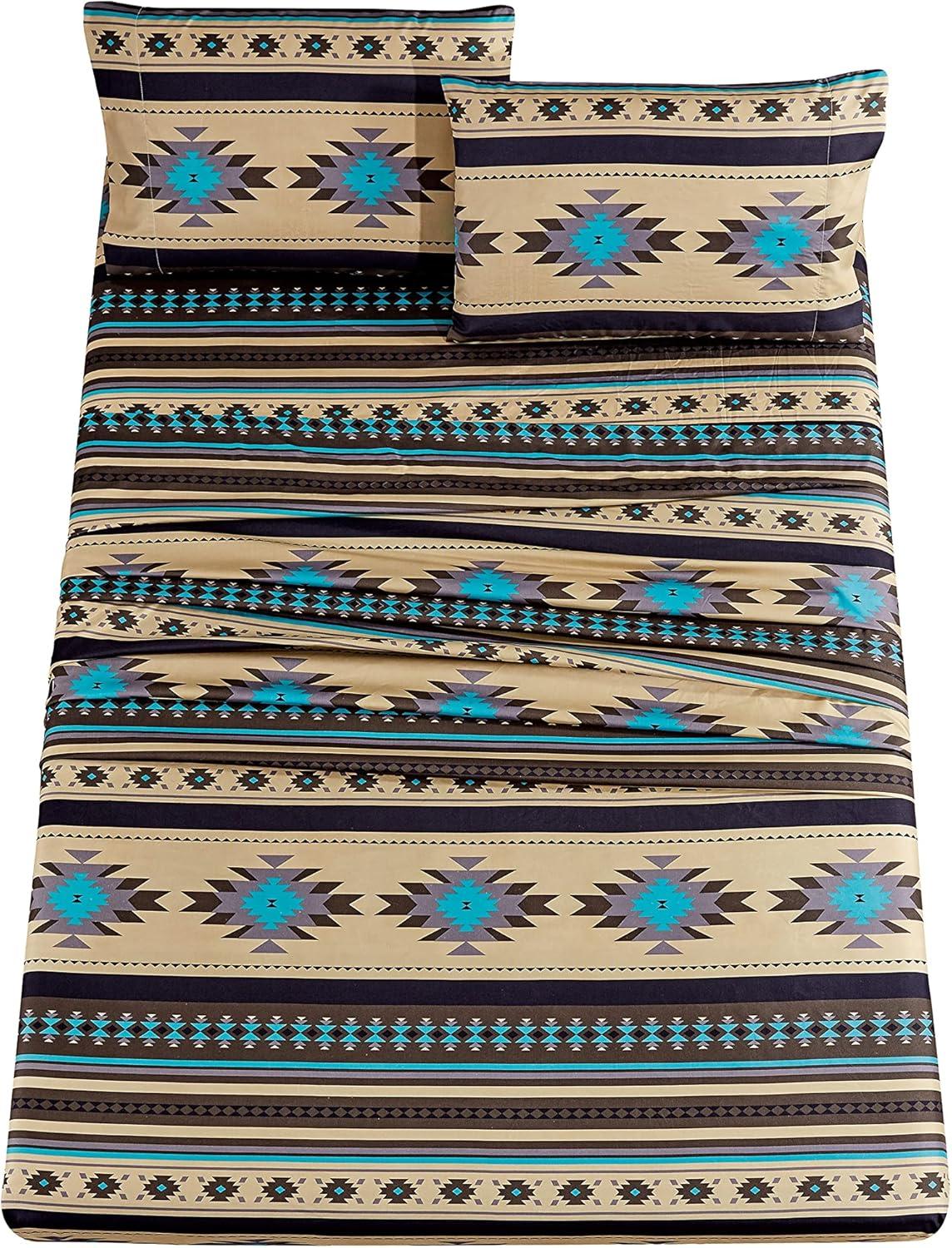 California King Teal Beige Microfiber Southwestern Bed Sheet Set