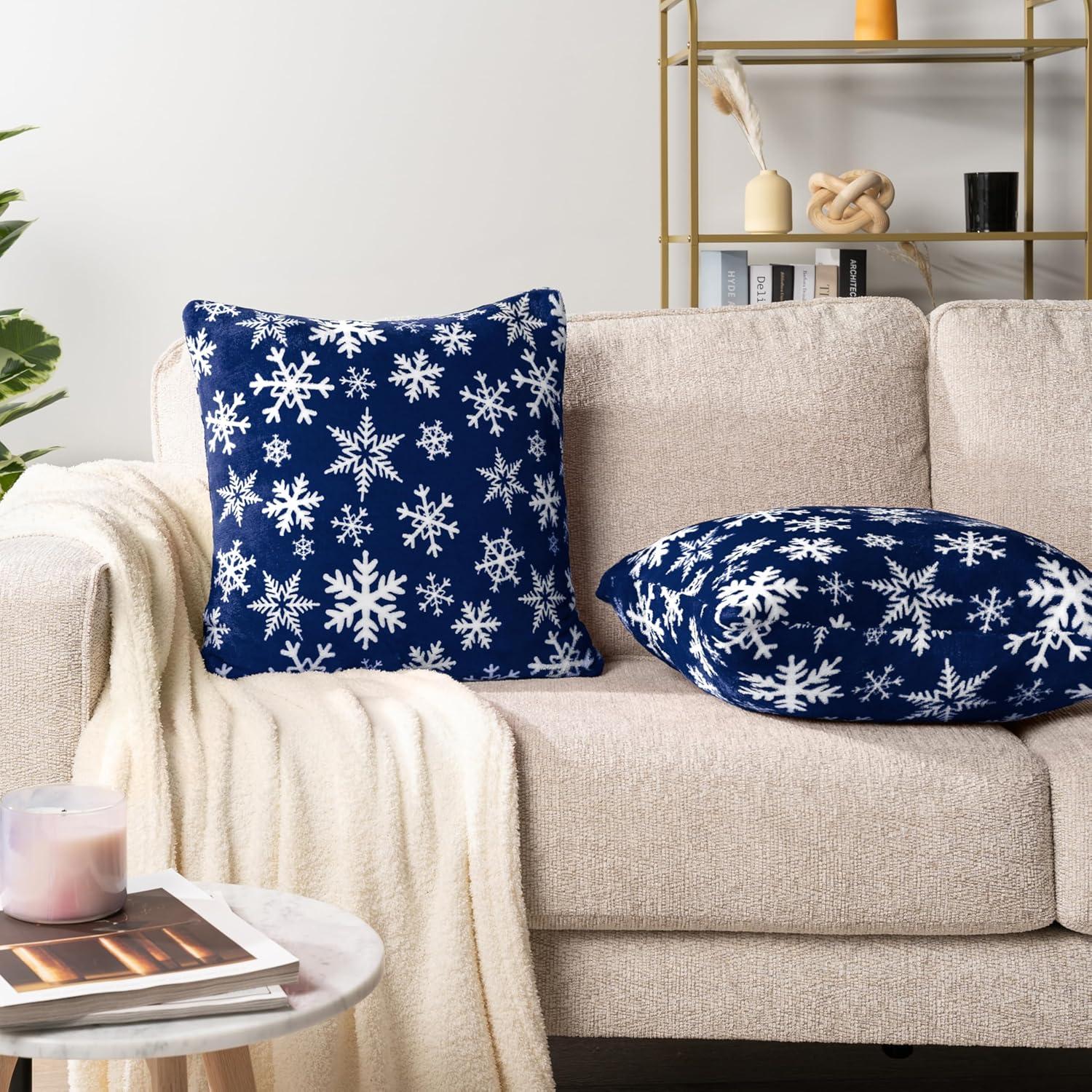 PAVILIA Set of 2 Throw Pillow Covers, Decorative Velvet Square Cushion Cases for Bed Sofa Couch Bedroom Living Room, Snowflake Blue/18 x 18