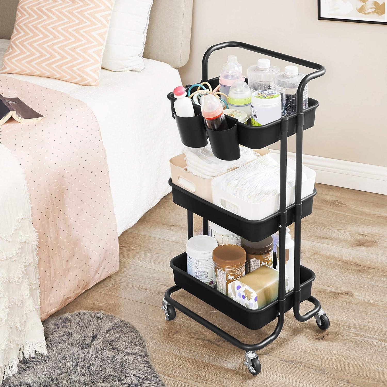 SONGMICS Rolling Cart 3-Tier Storage Cart Utility Cart Black