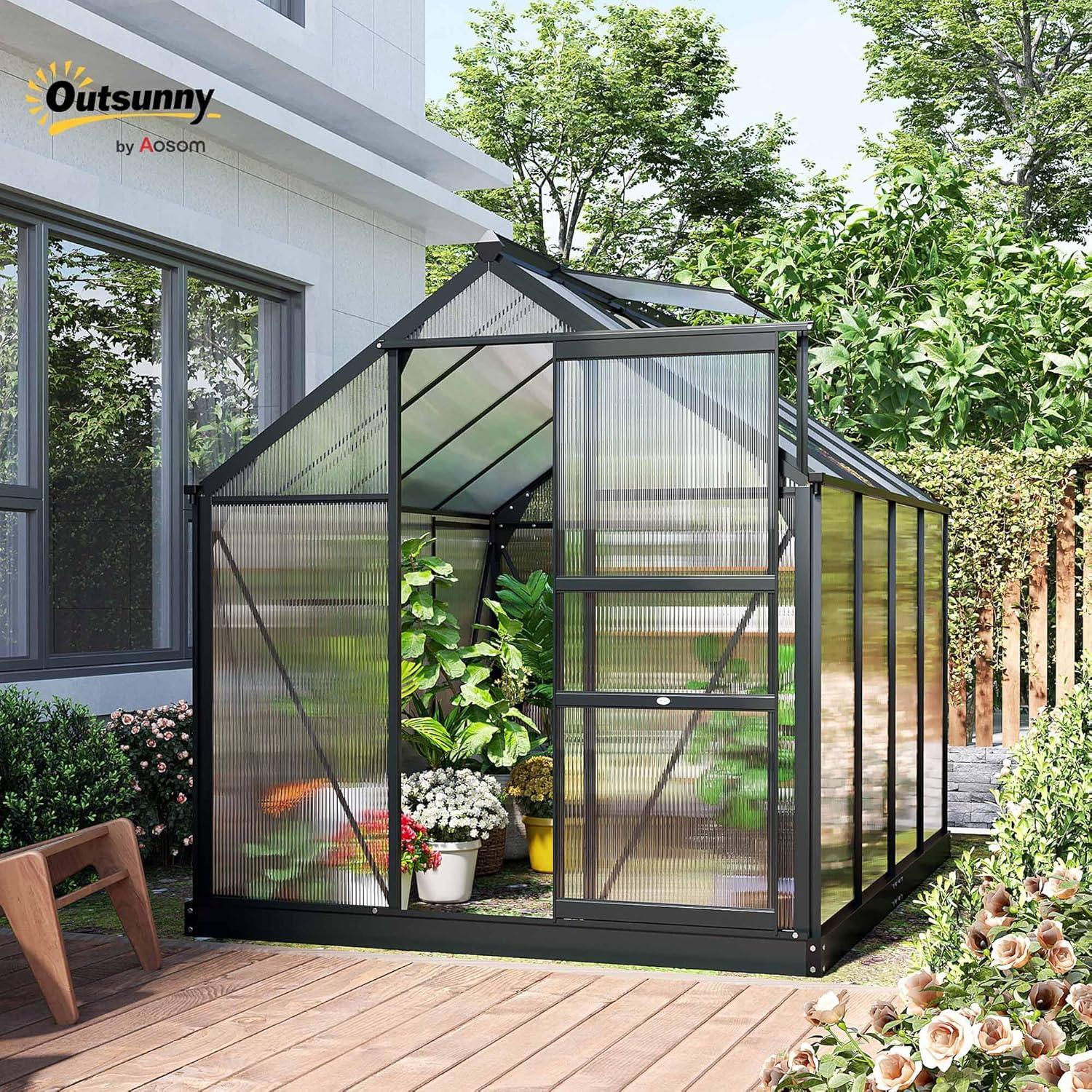 Outsunny 6' x 8' Greenhouse for Outdoors, Polycarbonate Greenhouse with Rain Gutter and Roof Vent, Aluminum Walk-in Green Houses for Outside for Patio Backyard Garden, Gray