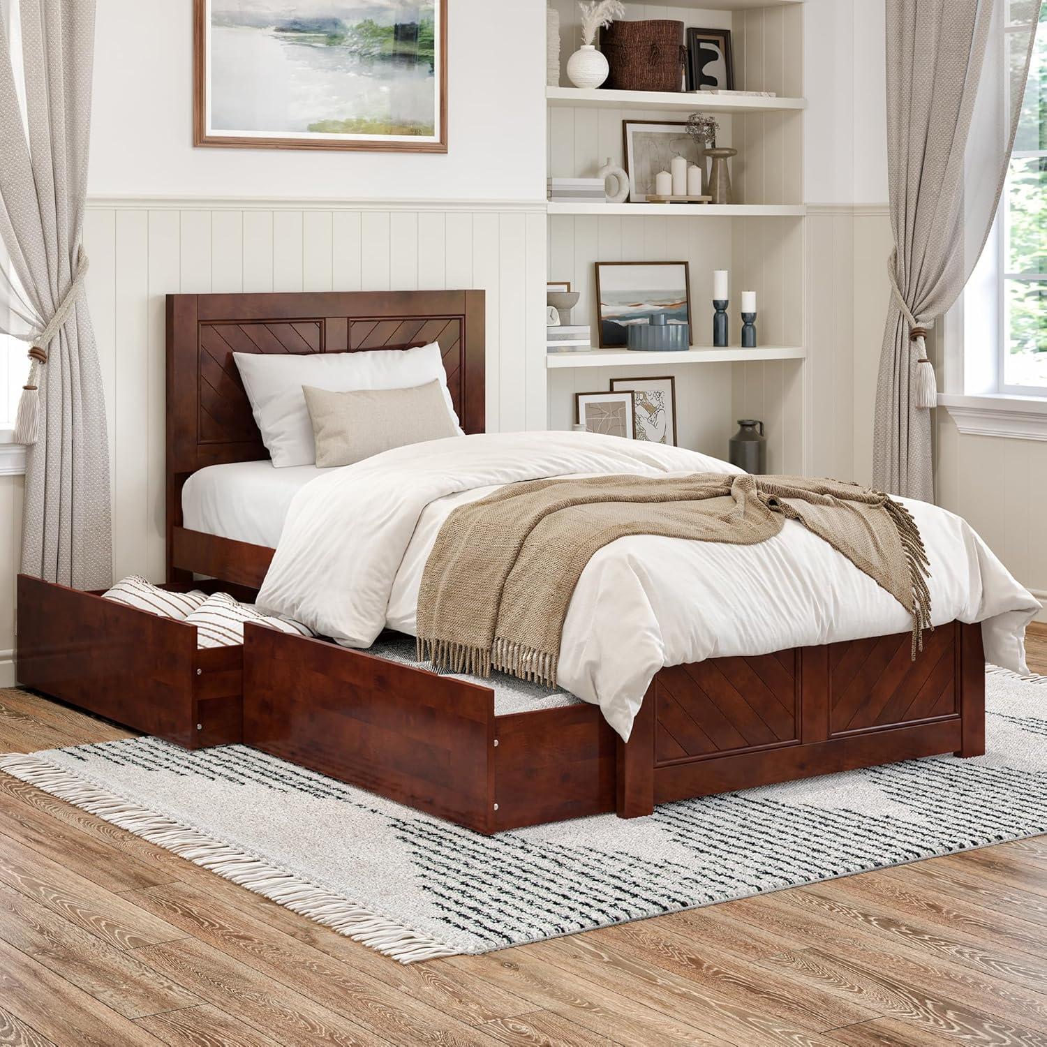 AFI Canyon Walnut Solid Wood Platform Bed with Matching Footboard & Storage Drawers, Queen