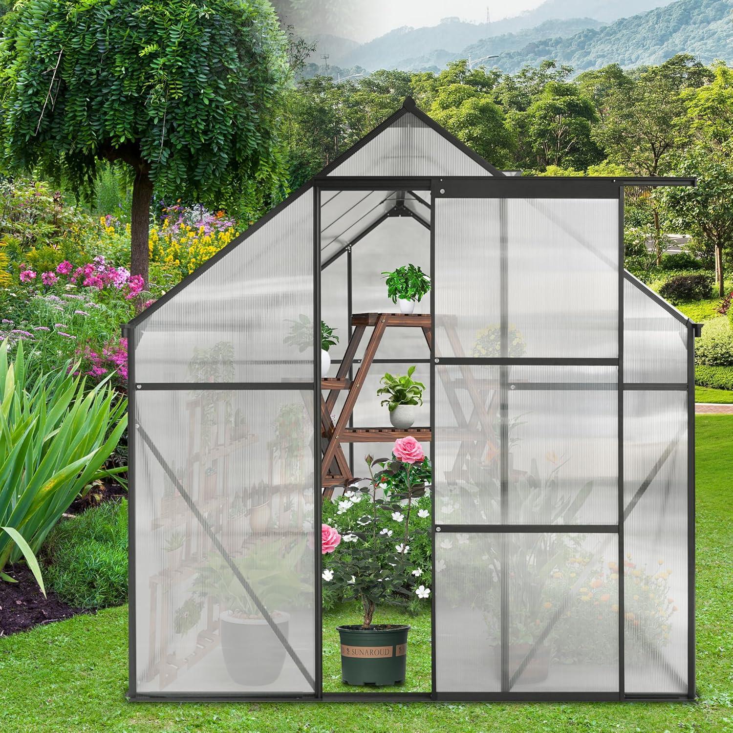 6x8 FT Plant Greenhouse with Sliding Door,Walk-in Polycarbonate Greenhouse with Raised Base and Anchor Aluminum Heavy Duty Greenhouses Kits for Outdoor Backyard in All Season,Black