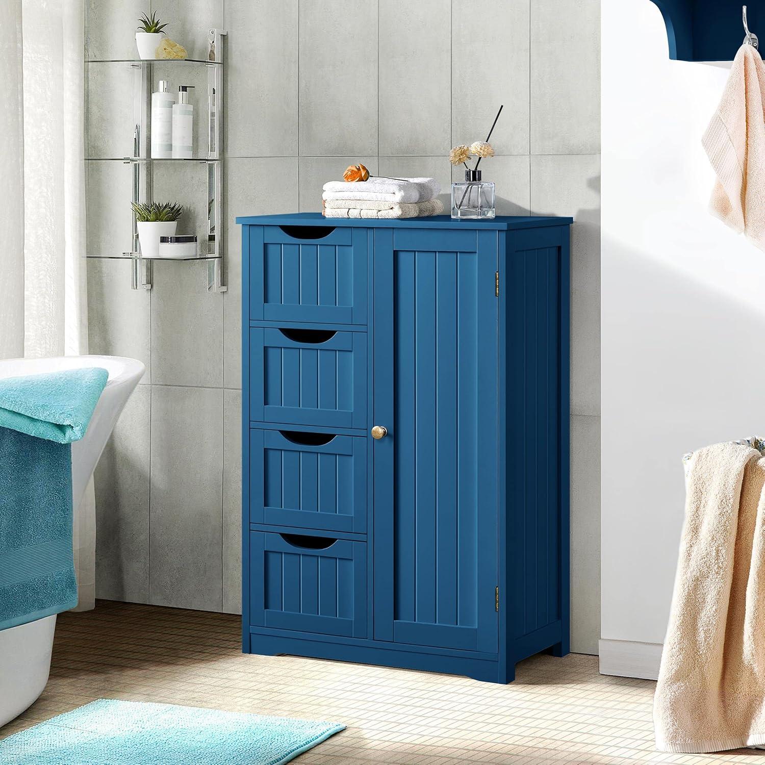 Topeakmart Wooden Bathroom Floor Cabinet, Free Standing Side Cabinet w/4 Drawers & 3 Tier Cupboard Storage Organizer Unit for Hallway/Entryway, Navy Blue