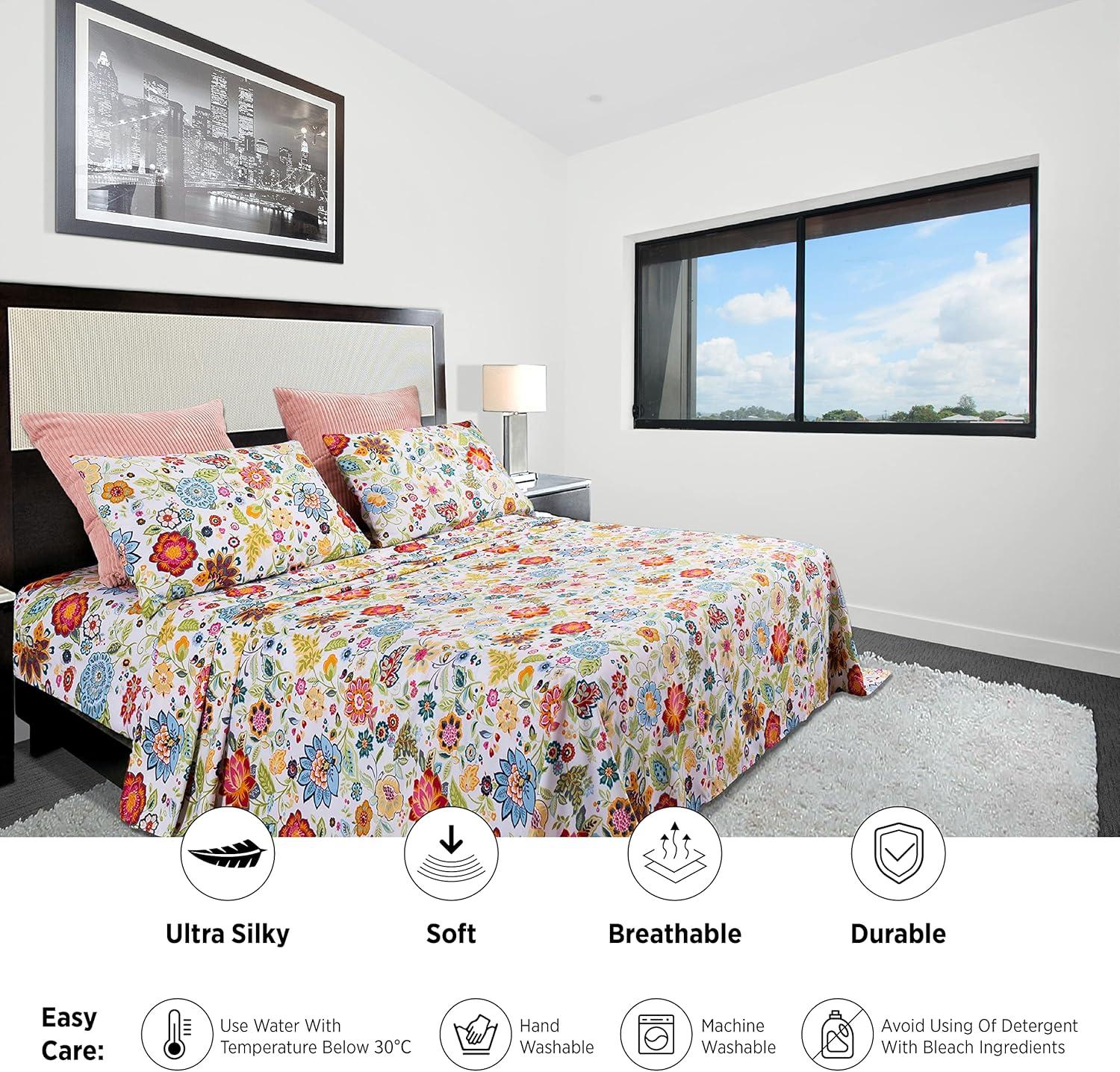 Bedlifes Full Sheet Set Ultra Soft, Breathable, Silky Flower Deep Pocket 100% Microfiber Bedding, 4 Piece Full Size with Floral Spring Design