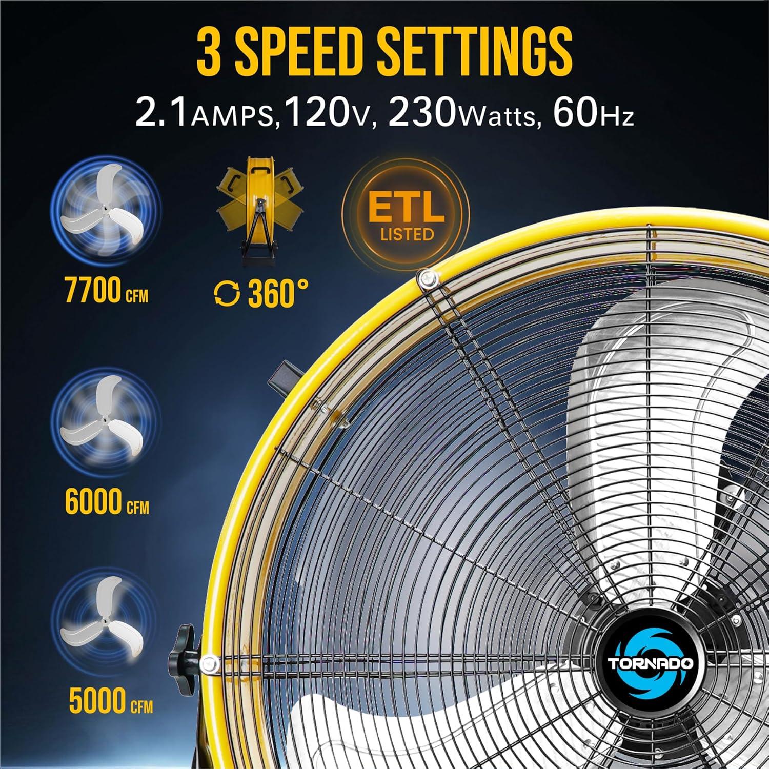 24-Inch Yellow High Velocity Industrial Metal Floor Fan