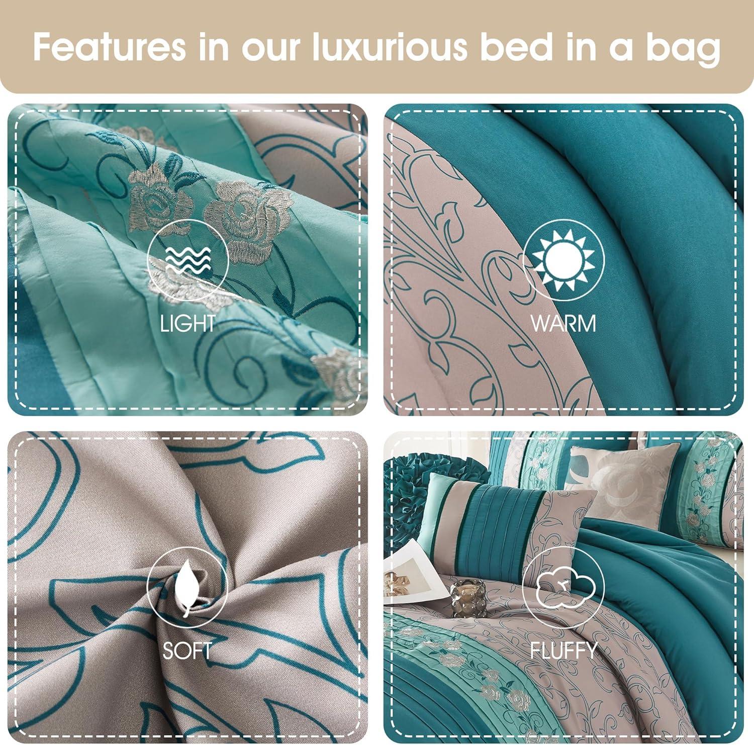 Lanco Dolores 7-Piece California King Comforter Set, Teal, Floral Fill Material 100% Polyester, All Season Premium Bedding Set