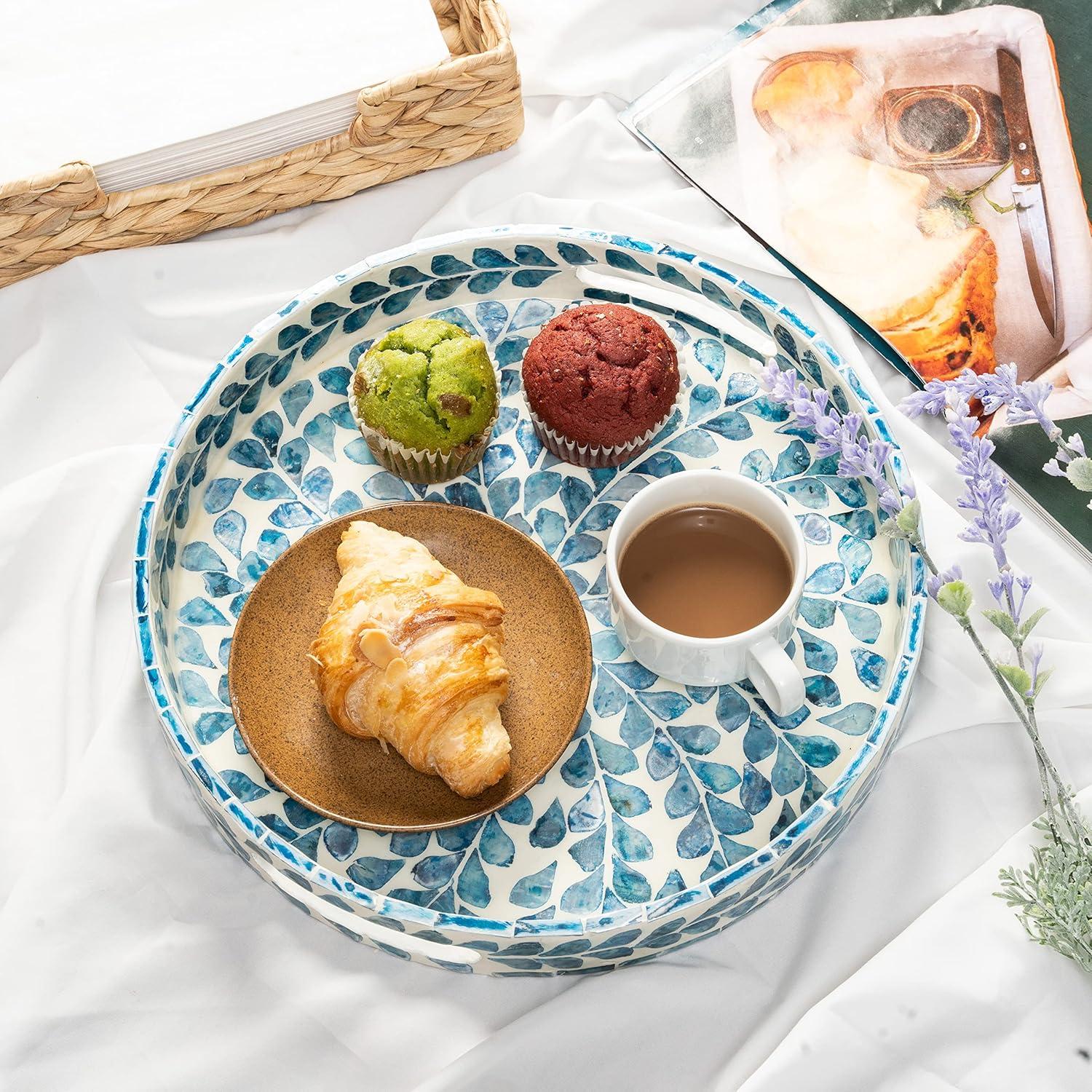 CLAYNIX Serving Tray 12.5 Inch, Lacquer Mother of Pearl Inlay Mosaic Tray, Round Wooden Marble Tray with Handles Trays for Tea, Breakfast (Flower Style)