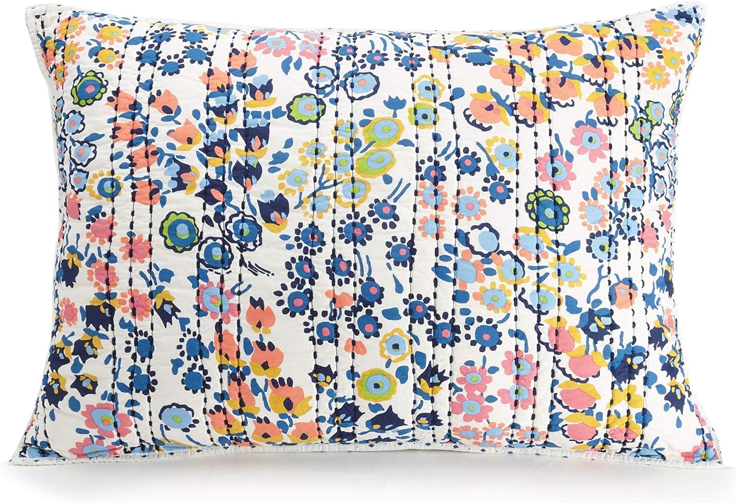 Petite Floral Blue Cotton King Sham with Kantha Quilting