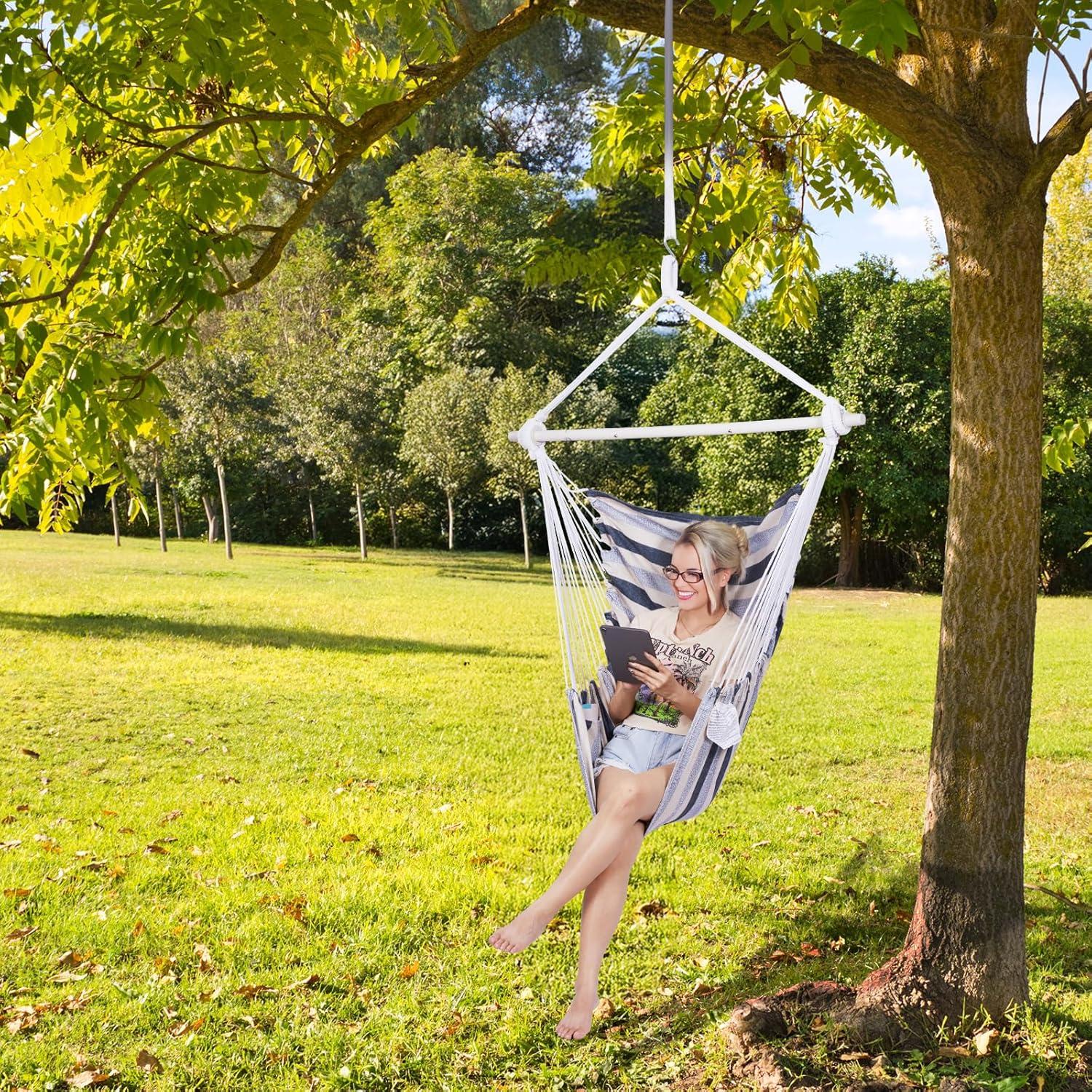Backyard Expressions Striped Hammock Chair Hanging Rope Swing Chair, Anti Slip Steel Spreader Bar
