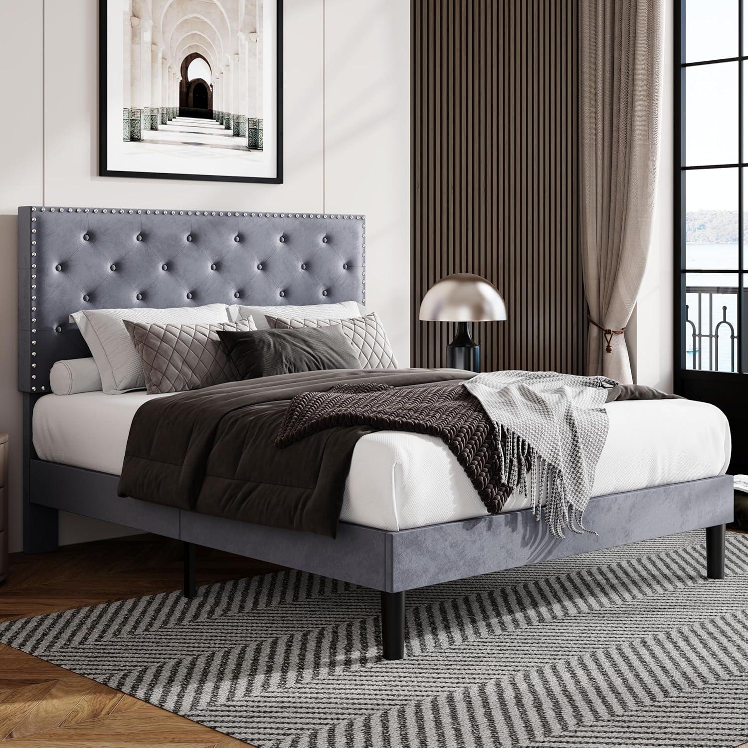 Full Size Light Grey Velvet Upholstered Platform Bed with Tufted Headboard and Nailhead Trim