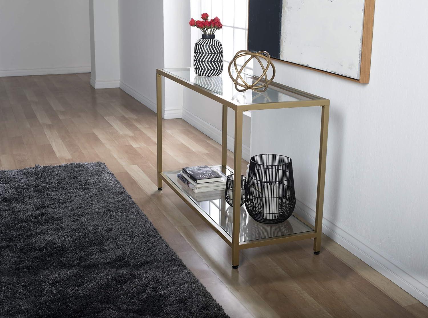 47" Gold Metal and Glass Console Table with Storage