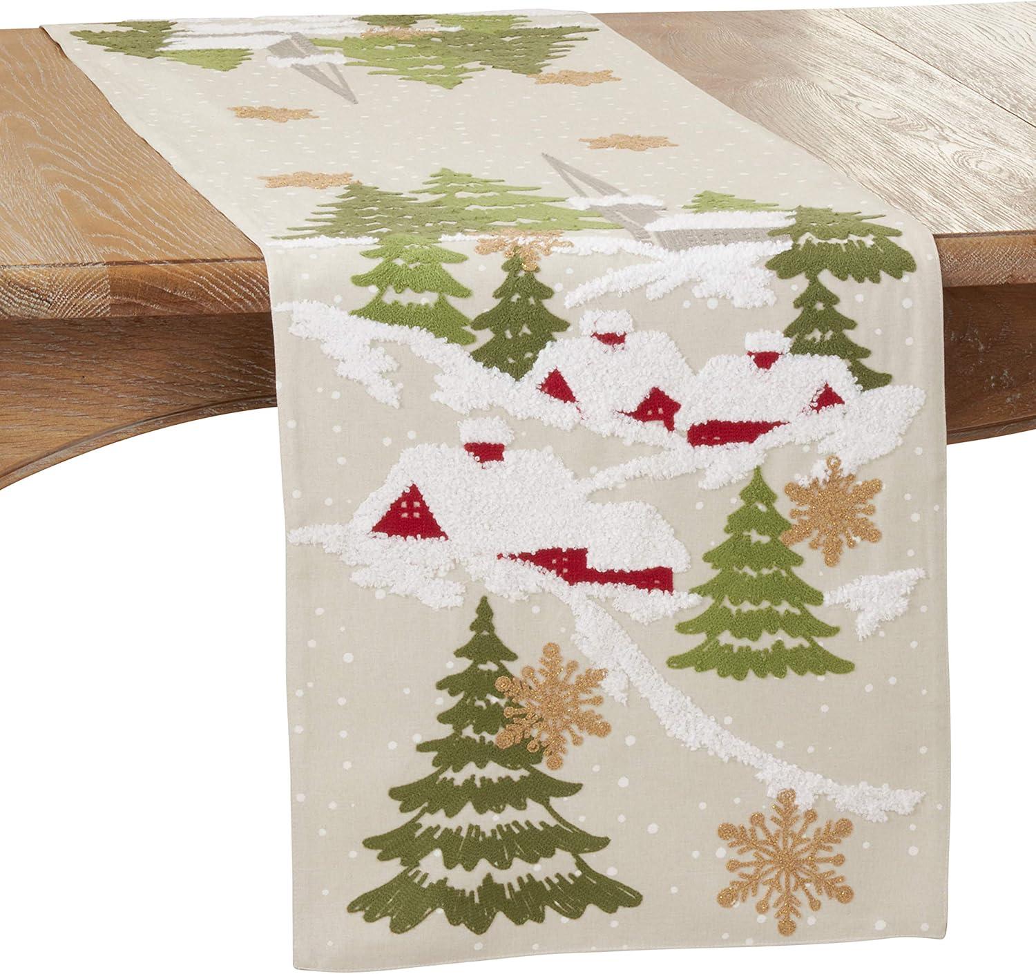 Natural Embroidered Christmas Mountain Polyester Table Runner