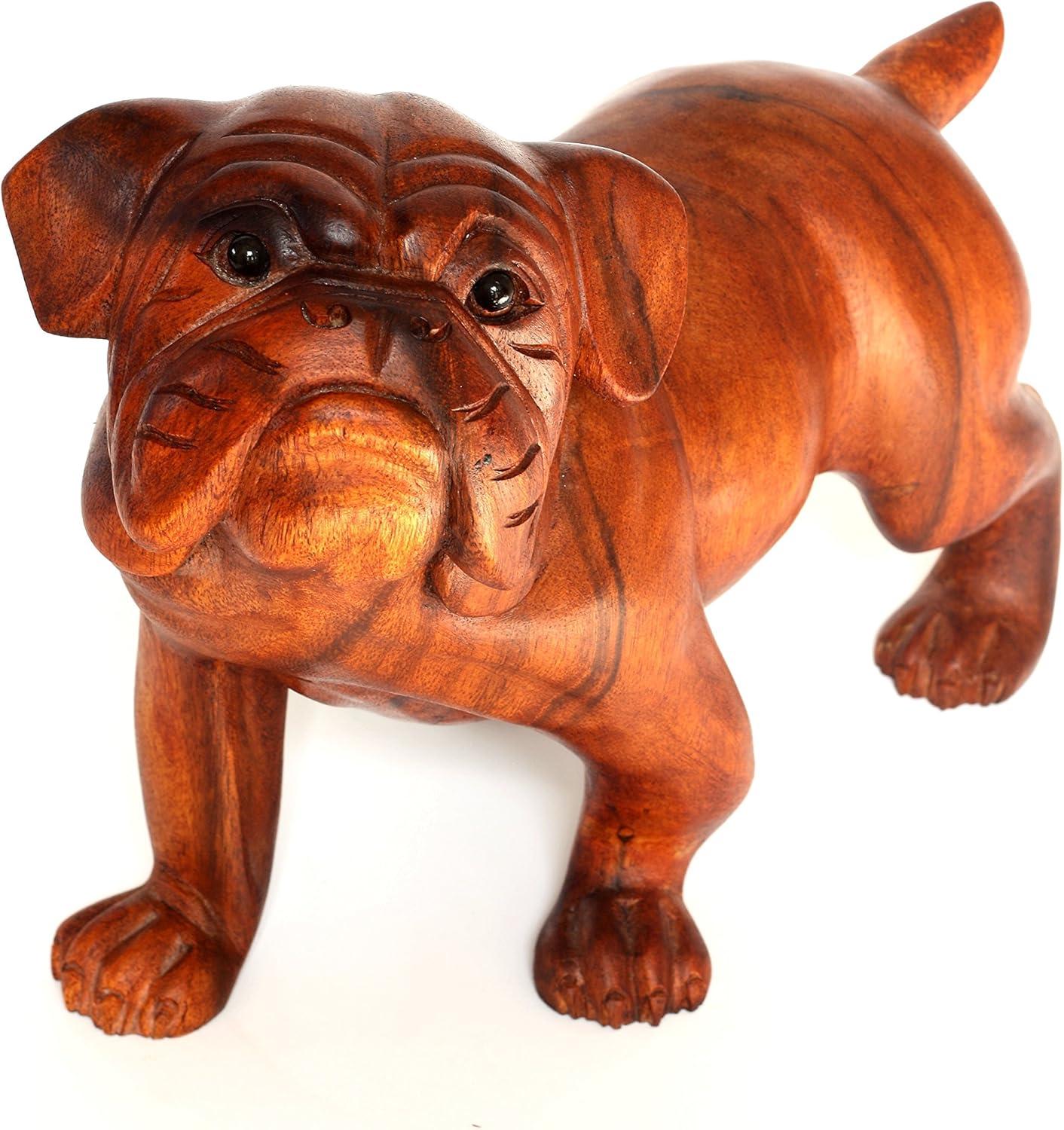 Hand Carved Wooden Bulldog Statue in Rustic Brown Finish